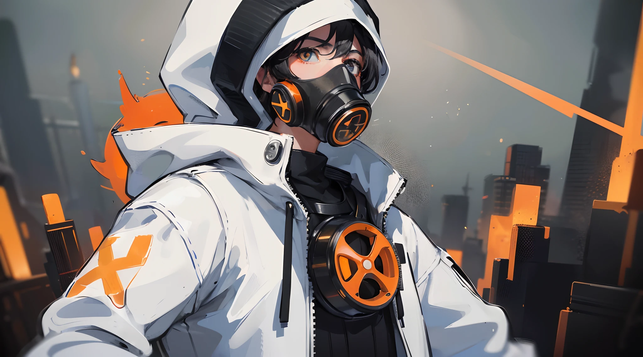 A man , boywith gas mask with neon lights, looking at the viewer, side eye, white hood, gas mask, gas mask orange lights, X-shaped eyes, X-shaped eyes glowing orange, black gloves, white hood, bloodstained clothes, white clothes with blood, white coat, white vest black hair