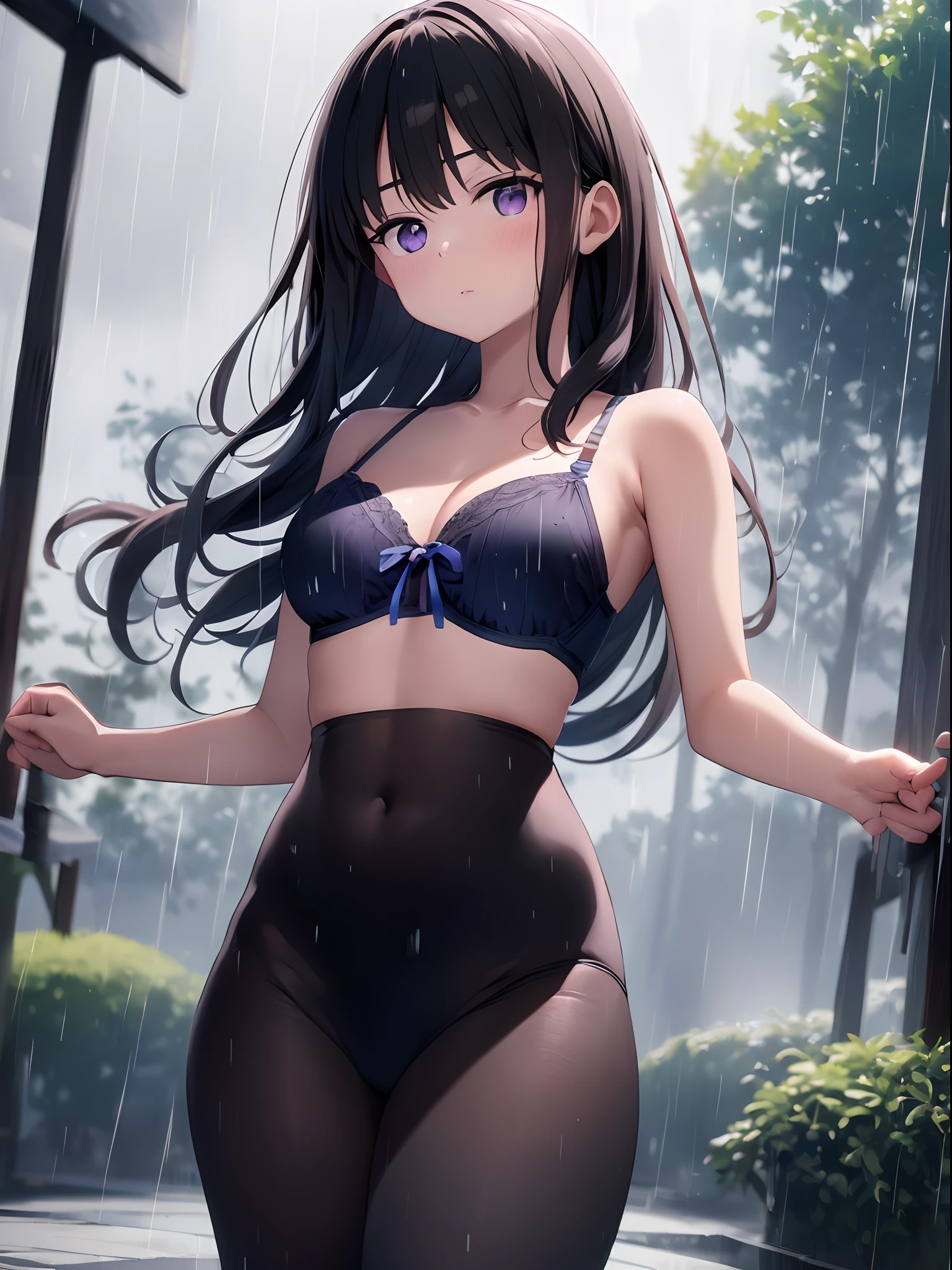 (R Solo:1.3)、(masterpiece)、((best qualtiy))、((ultra-detailliert))、(a high chroma)、(CG Illustration)、highcontrast、low angles、red blush、(Licory Recoil:1.3)、((Takina Inoue))、(Green Tie Ribbon)、White bra、White panties、(Thick black tights)、(Purple anime-style eyes)、Delicate beautiful face、((teats)) 、(B cup breasts)、The best lighting、((turned around))、(Kung Fu in the Rain Park)