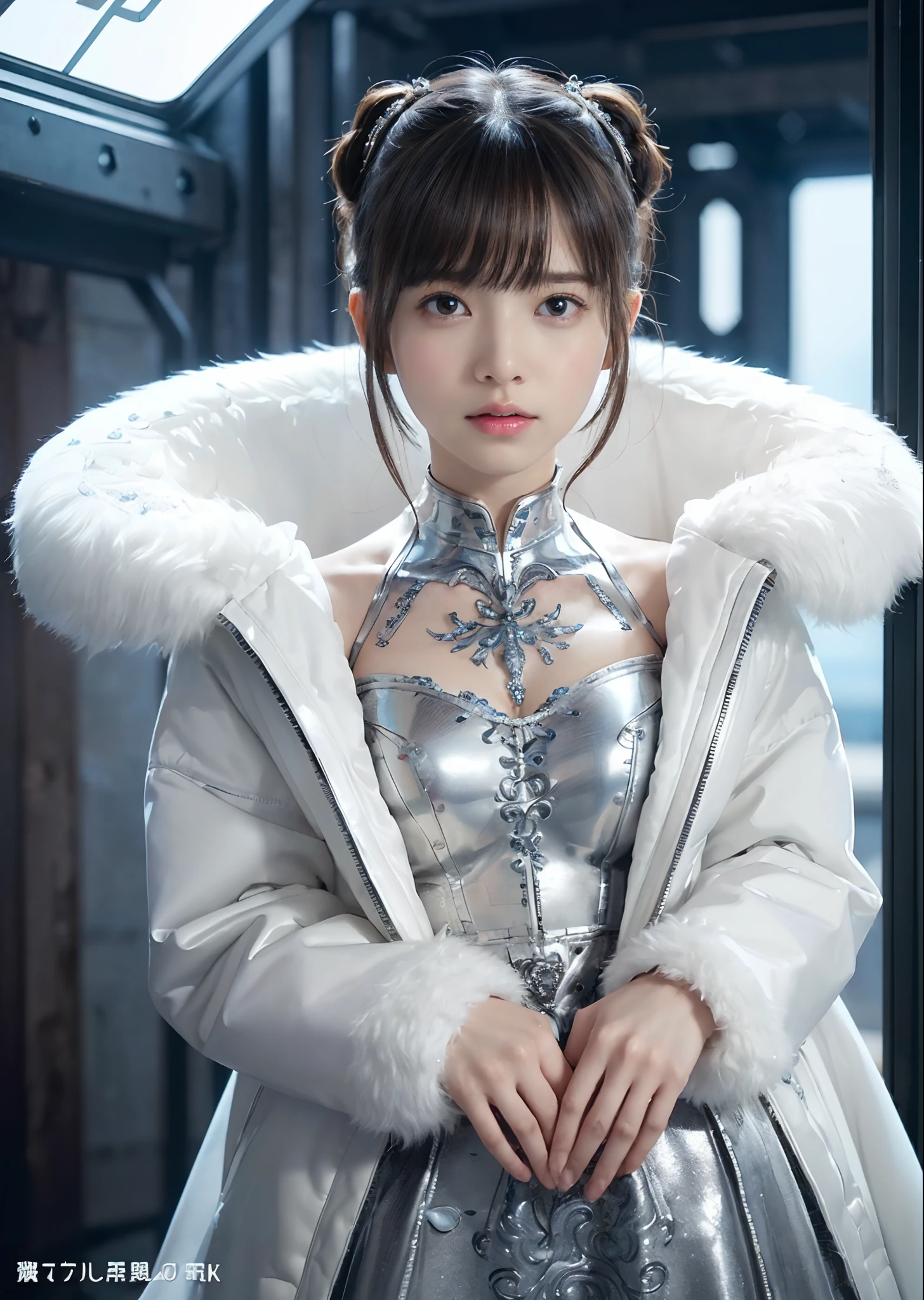 NSFW,((top-quality、8K、tmasterpiece:1.3))Wearing a silver-white mech,Girl with delicate face,The highest image quality,ultraclear,The facial features are delicate and clear,machine arm,exquisitedetails,(Camel Tou)、Mechanical pattern,cyber punk perssonage、Cyber City、the number、thrones、(Reveal clothing:1.5)