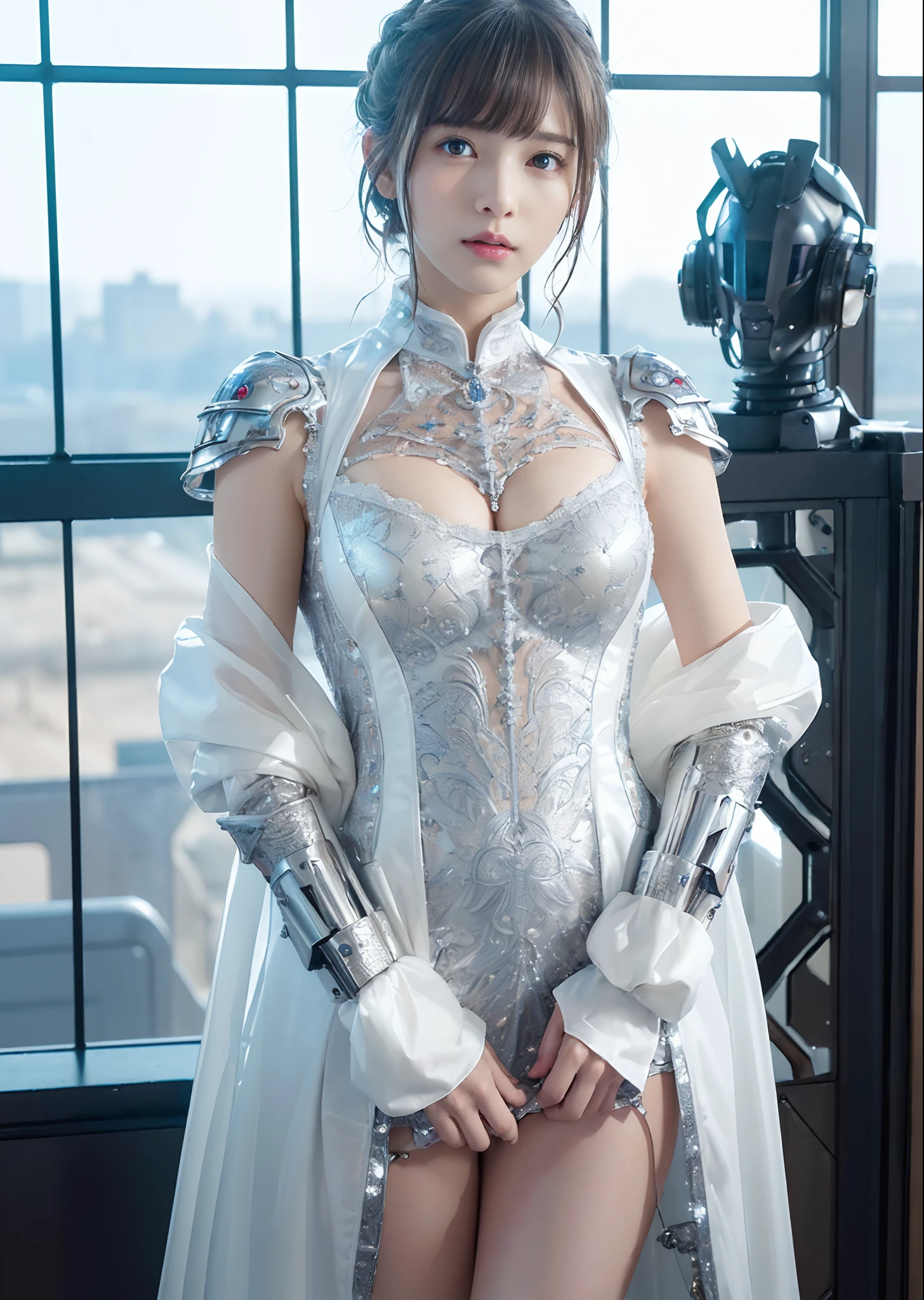 NSFW,((top-quality、8K、tmasterpiece:1.3))Wearing a silver-white mech，Girl with delicate face，The highest image quality，ultraclear，The facial features are delicate and clear，machine arm，exquisitedetails，(Camel Tou)、Mechanical pattern,cyber punk perssonage、Cyber City、the number、thrones、(Reveal clothing:1.5)