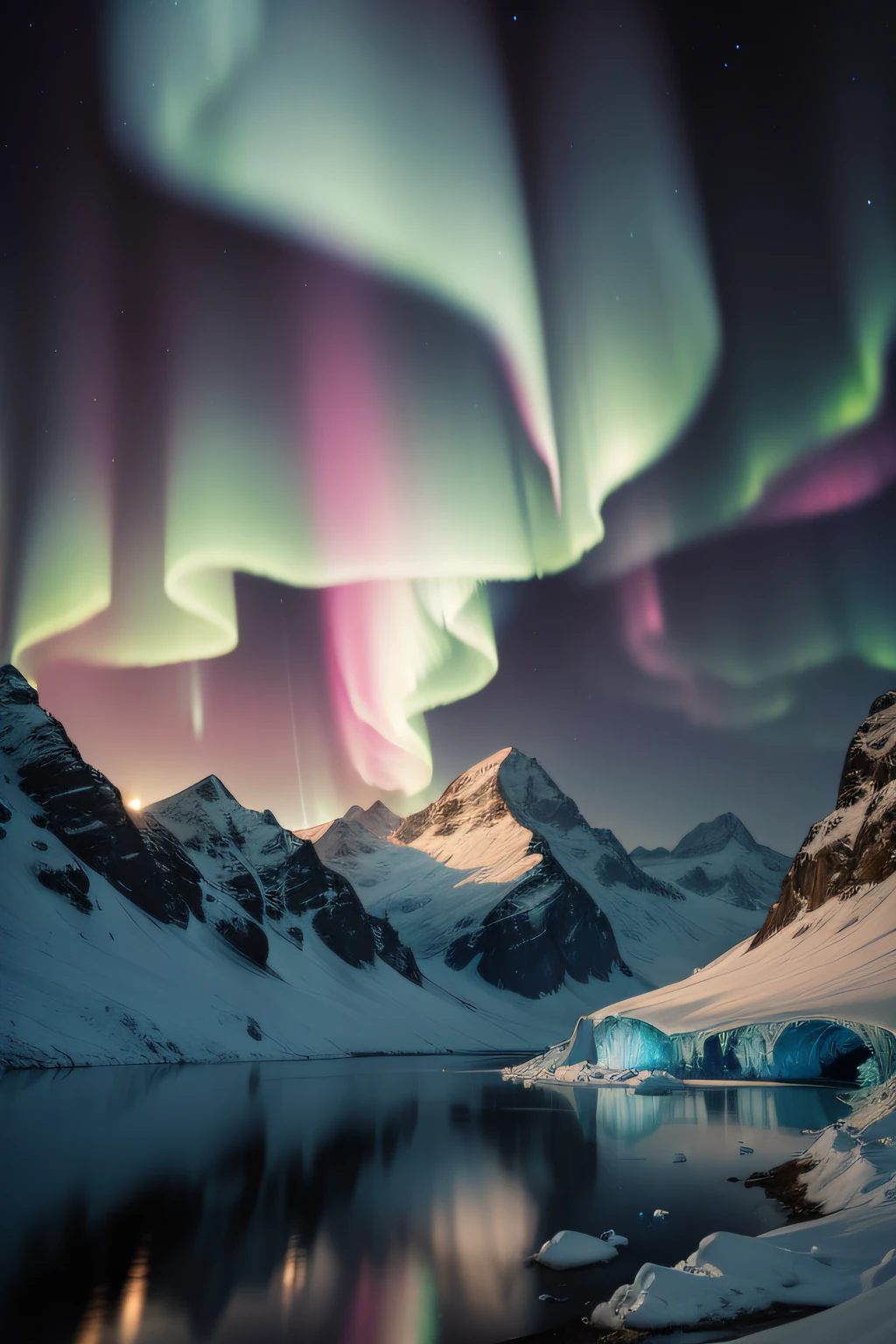 There are a little auroras shining on the glacier