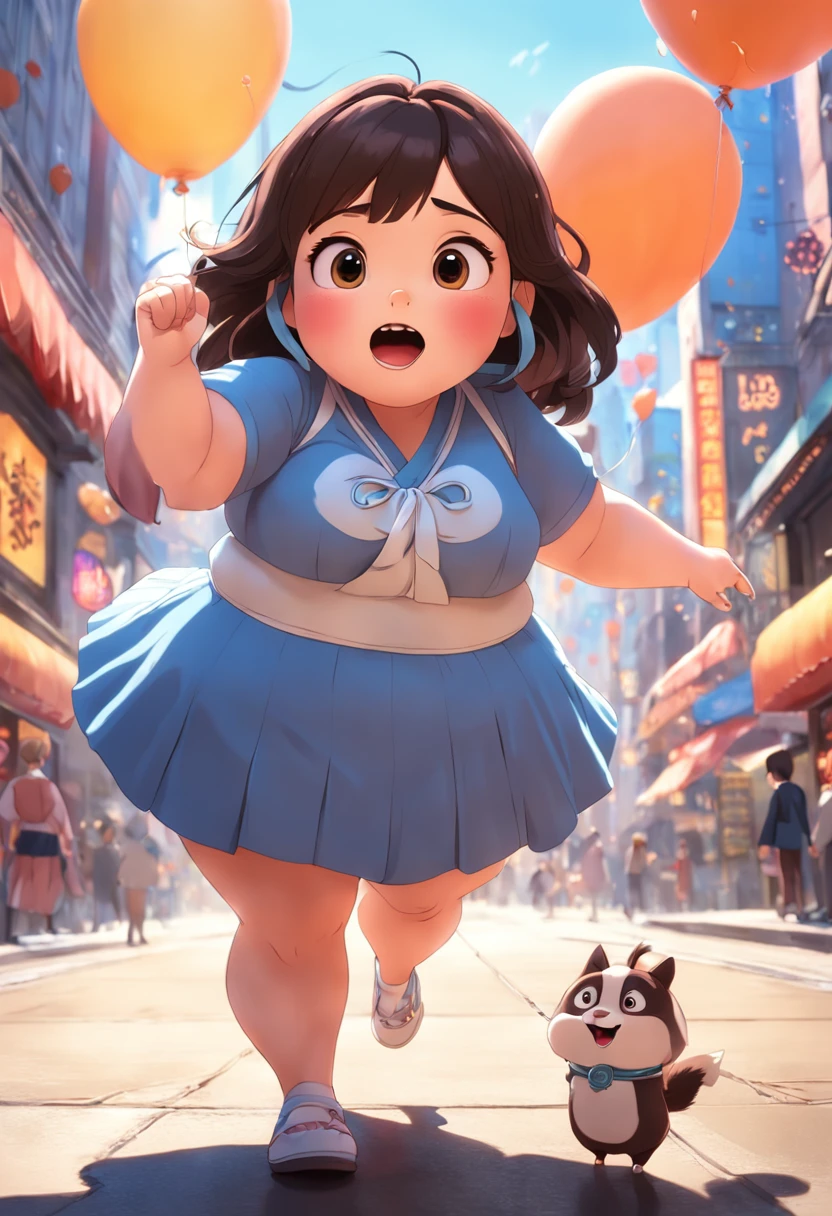 pixar 3d cartoon, chubby brunette woman celebrating her birthday