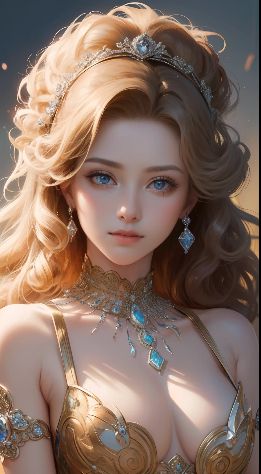 (Ultra-high quality masterpiece，Beautiful bust of an 18-year-old noble girl，Classical coiled hair，Curly hair at the ends，The eyes are shiny and clear，Floral craftsmanship，crystal、Diamond jewelry，Ultra-fine details，Soft lighting)