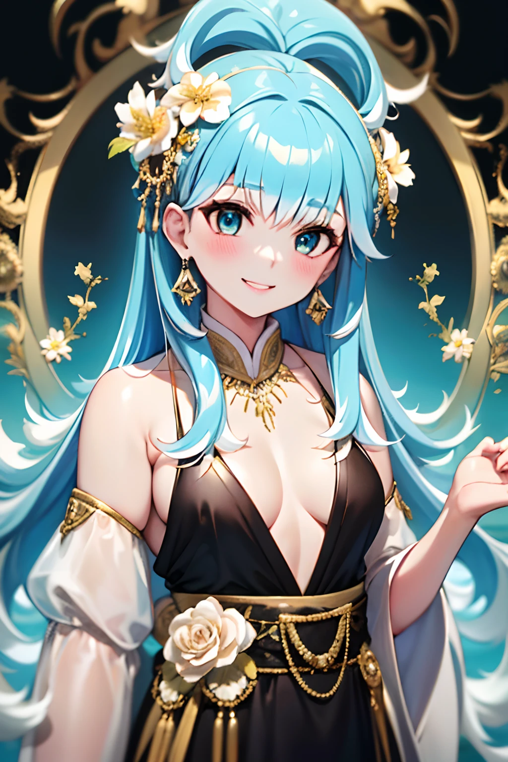 Masterpiece, 2d, 1girl intricate details, ahoge
1girl,   Kobo, Multicolored hair, Aqua eyes,  light blue hair, white hair tips, small breasts, smiling,   java wedding woman in black kebaya dress traditional and batik skirt, looking at viewer, jewerly and hair on hair, red lipstick, golden necklace, earrings, ornate, detail, flowers, perfect background, soft focus, upper body, flat breasts