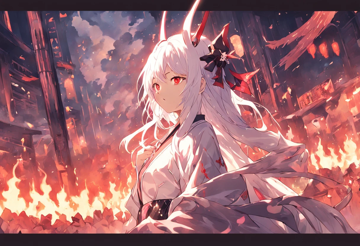 garret、dim light、(white hair、A MILF、Demon Horns、japanese kimono、torches)
