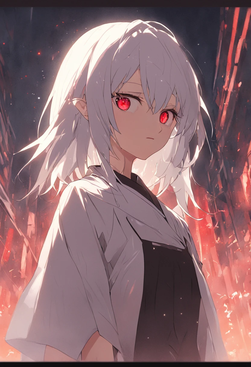 Robot woman, housewife, milf, apron, standing at attention, white hair, white skin, red eyes, lipstick, dull eyes, lifeless eyes