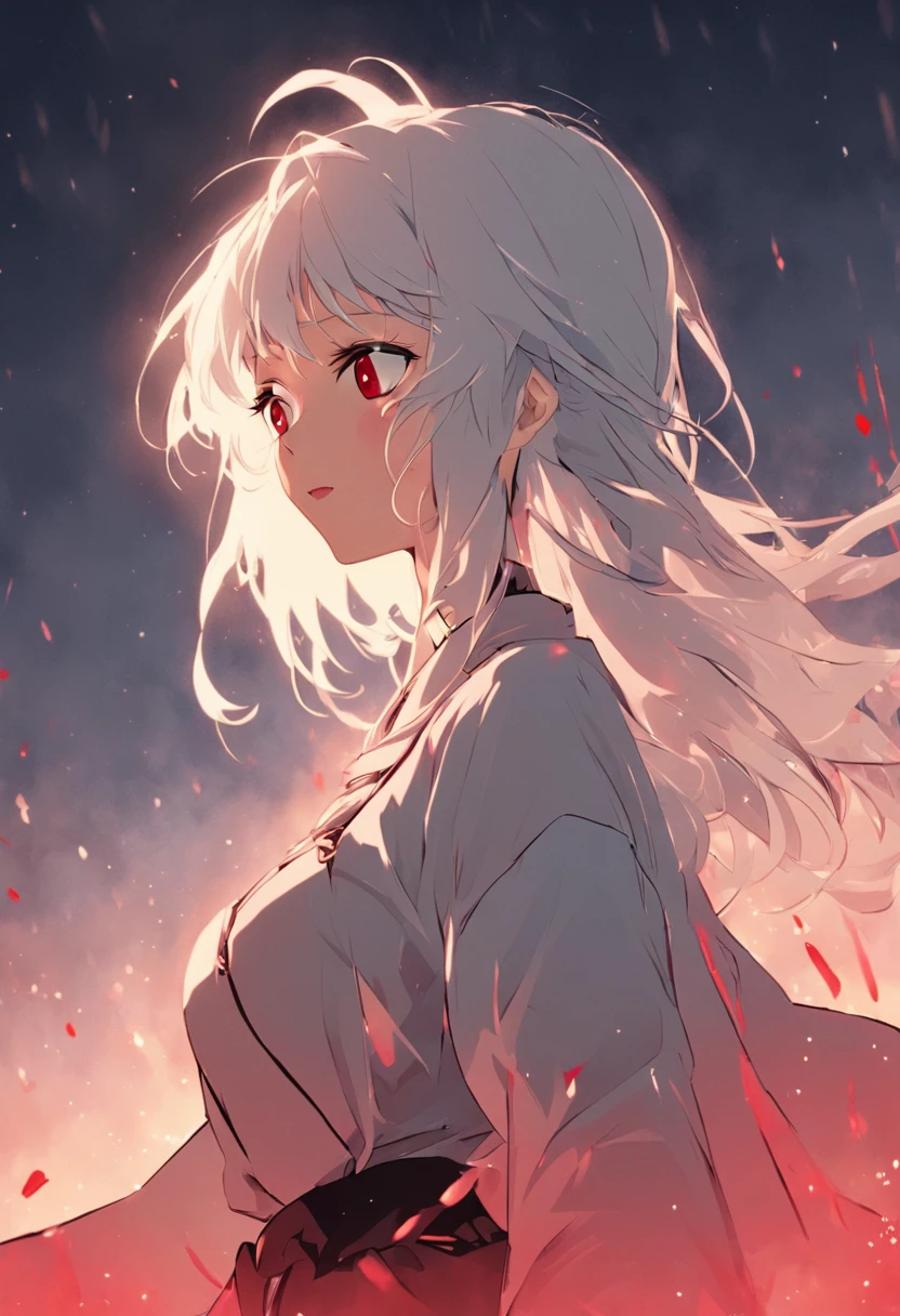 Robot woman, housewife, milf, apron, standing at attention, white hair, white skin, red eyes, lipstick, dull eyes, lifeless eyes