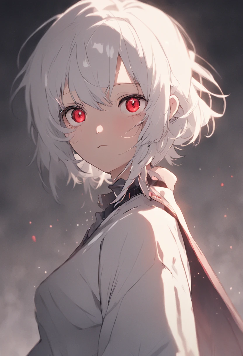 Robot woman, housewife, milf, apron, standing at attention, white hair, white skin, red eyes, lipstick, dull eyes, lifeless eyes