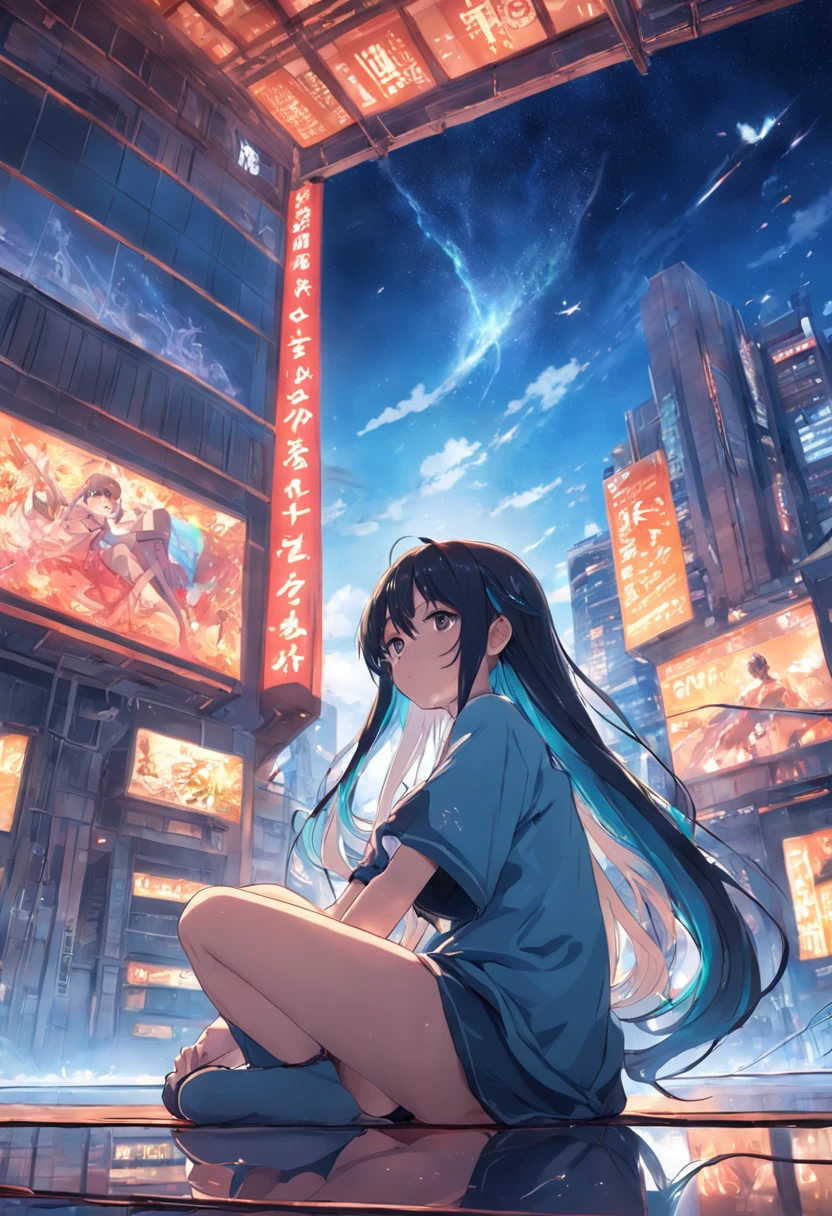 1 Outdoor girls, late, starrysky, in a panoramic view, scenecy, horizon, the roof, sitting on rooftop, ventania,(wide angles,Ultra HD details,Masterpiece, hyper HD, Super detail, High details, Best quality, A high resolution, Award-Awarded, 8K),(电影灯光)