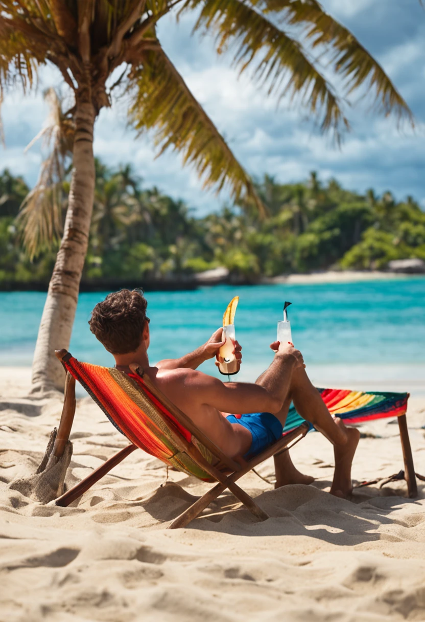 a polar bear lies in a hammock on the beach in the Maldives, a glass of lemon juice in his left paw, photorealistic, 4K