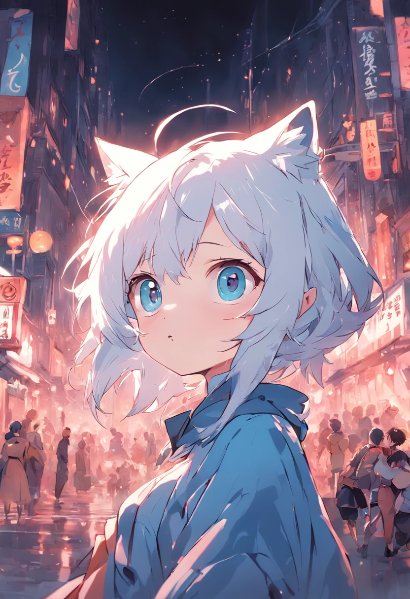 A cartoon cat with blue eyes，White hair，cute-style
