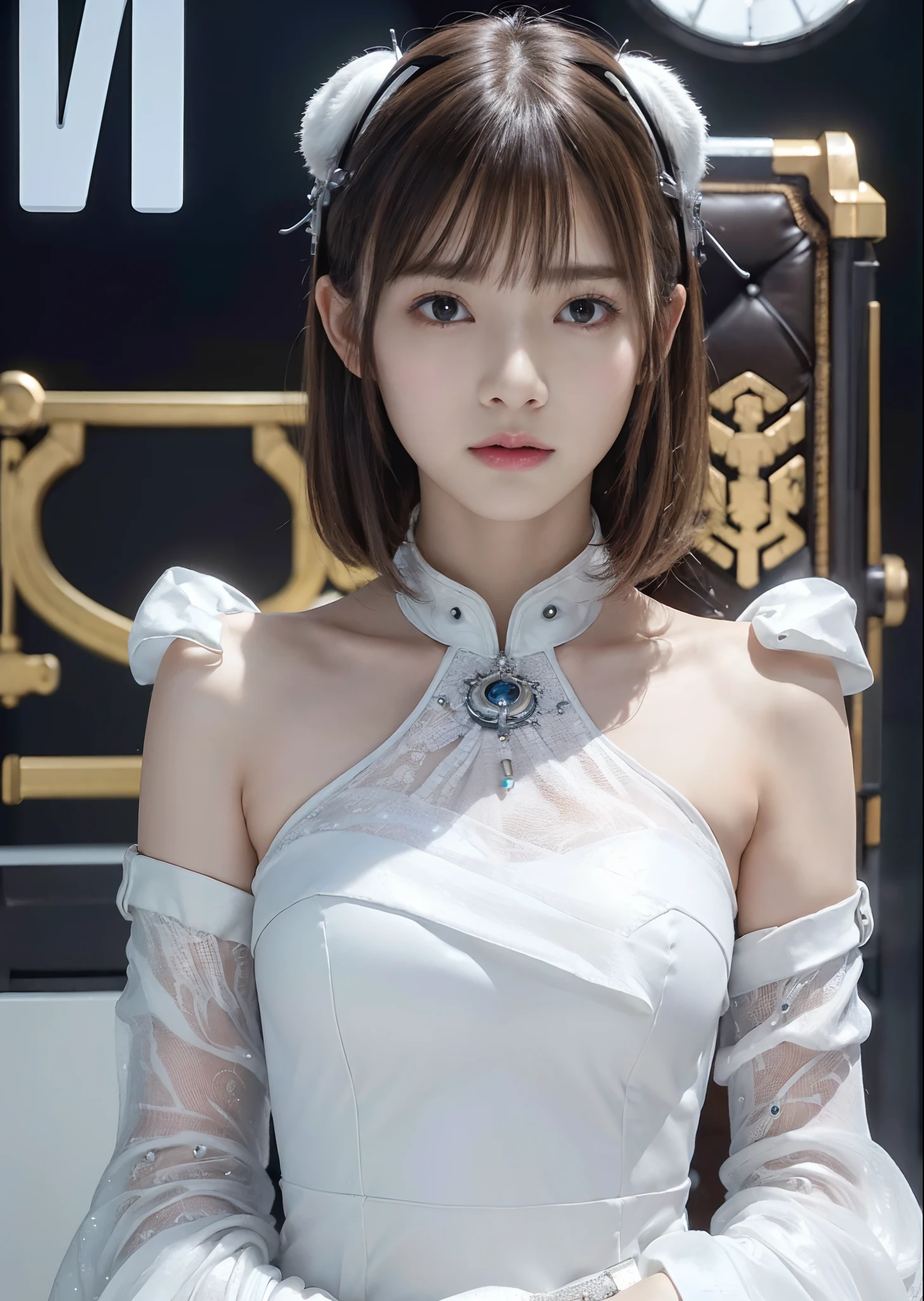 NSFW,((top-quality、8K、tmasterpiece:1.3))Wearing a silver-white mech，Girl with delicate face，The highest image quality，ultraclear，The facial features are delicate and clear，Armageddon，machine arm，exquisitedetails，(Camel Tou)、Mechanical pattern,cyber punk perssonage、Cyber City、the number、Century、thrones、()