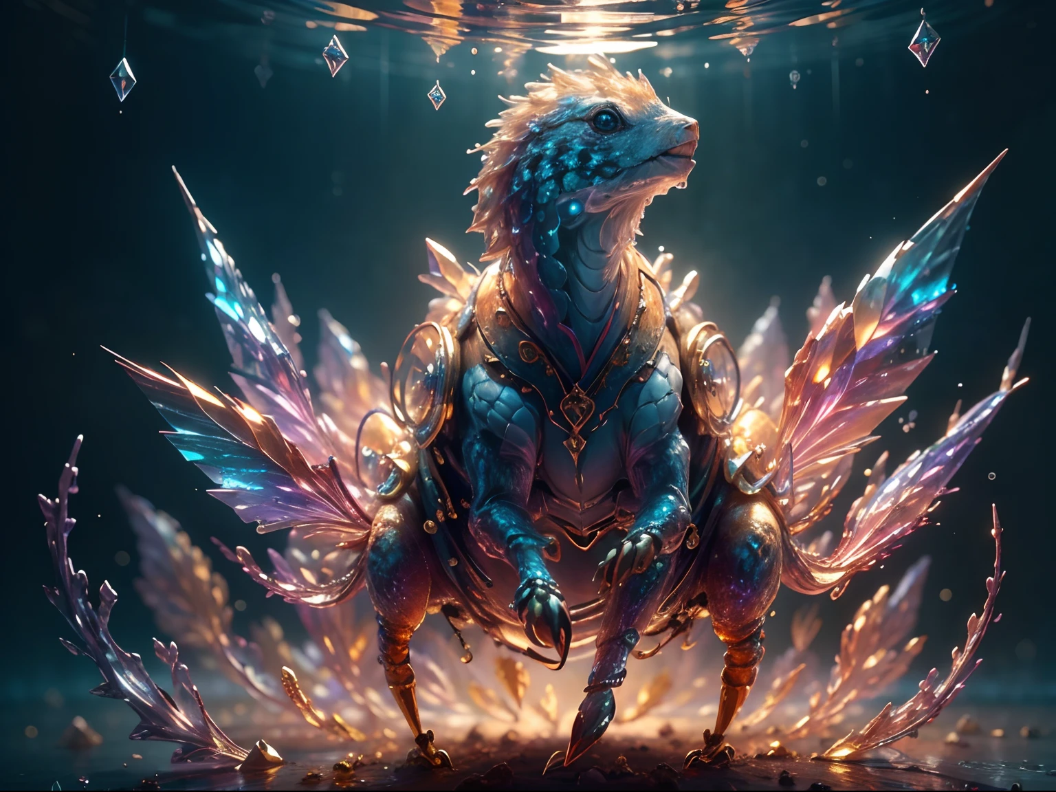 (Masterpiece, Top Quality, Best Quality, Ultimate Detail, Highest Detail, Official Art, Beauty & Aesthetics: 1.2), Golden Ratio, Full Composition, official art, Unity 8k wallpaper, super detailed, beautiful, (fractal art: 1.4), the school girl is riding on the white turtle, flying over the town, full body, crystallineAI, from below, splash,crystal,rainbow