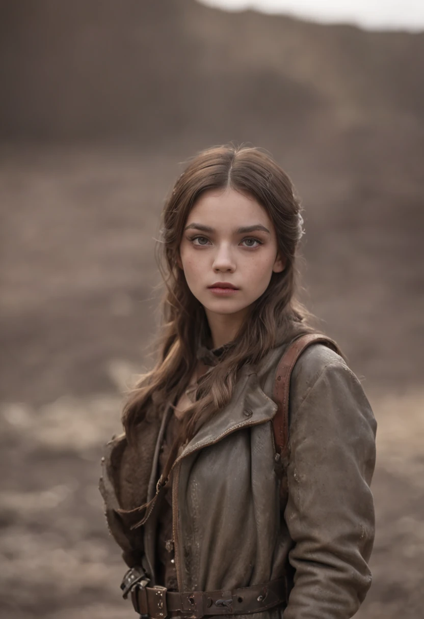 Girl in movie scene pos apocalyptic walking