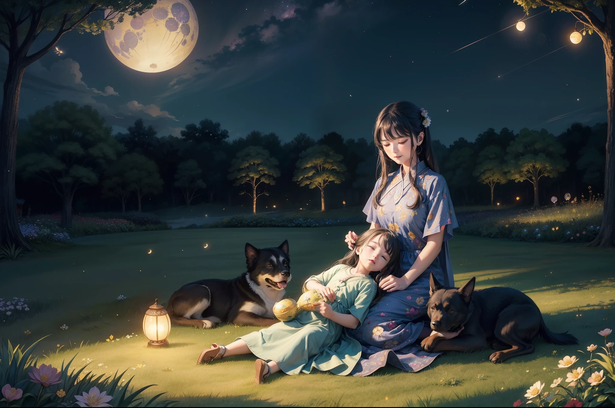 A *********** and her mother sitting together on the grass, under a tree, looking at the starry night, a big dog sleeping. Flowery garden with some antique Chinese lamps. Crescent moon on the sky, some cirrus clouds. Summer night. Tranquility. Swarm of Fireflies. Highly detailed. Very softly illuminated by lamps and fireflies.