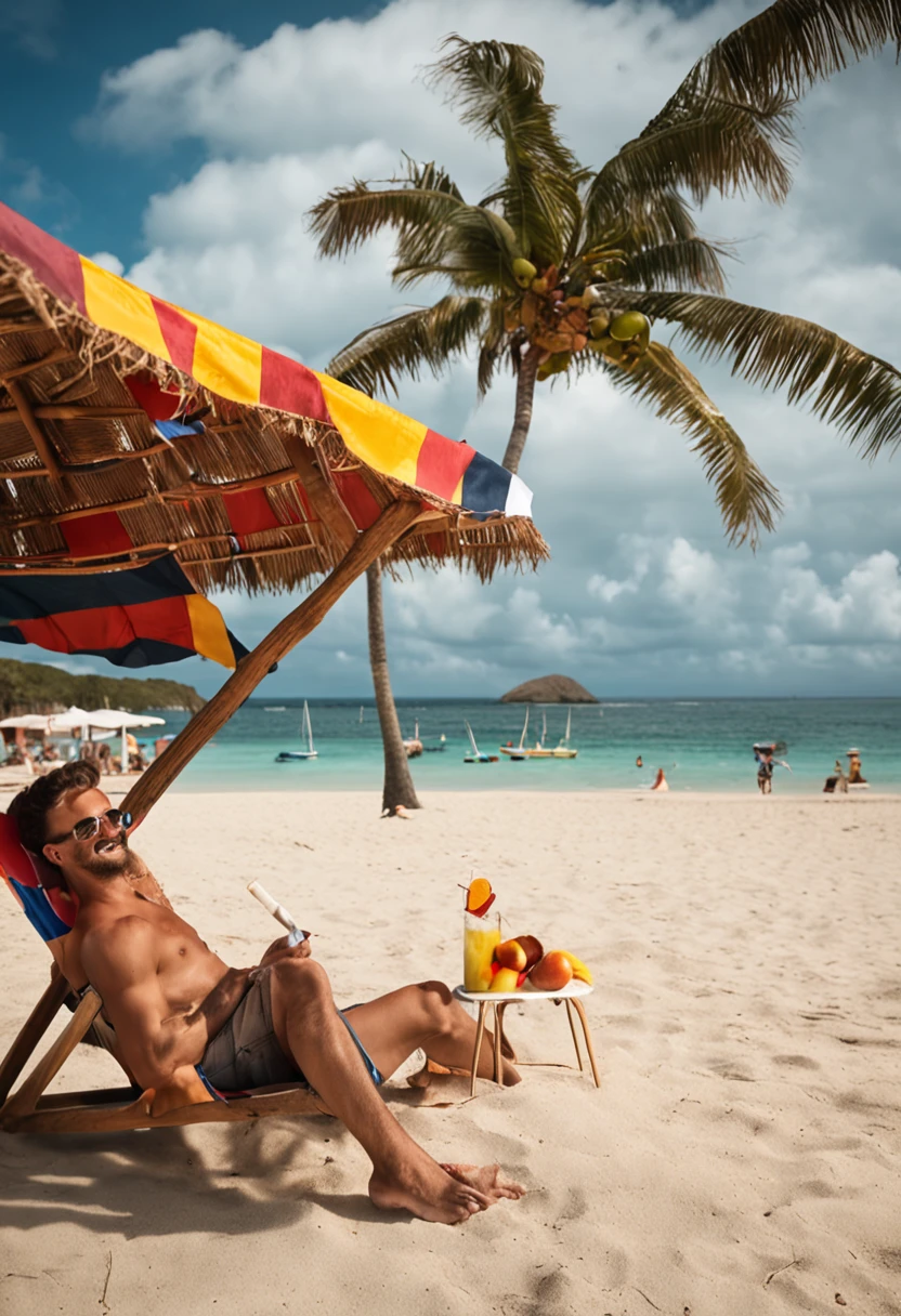 venezuelan beach with a hangmat and pallmtrees. Belgian white boy drinking a cocktail out of a coconut on this beach. the shorts of the belgian guy has the venezuelan flag