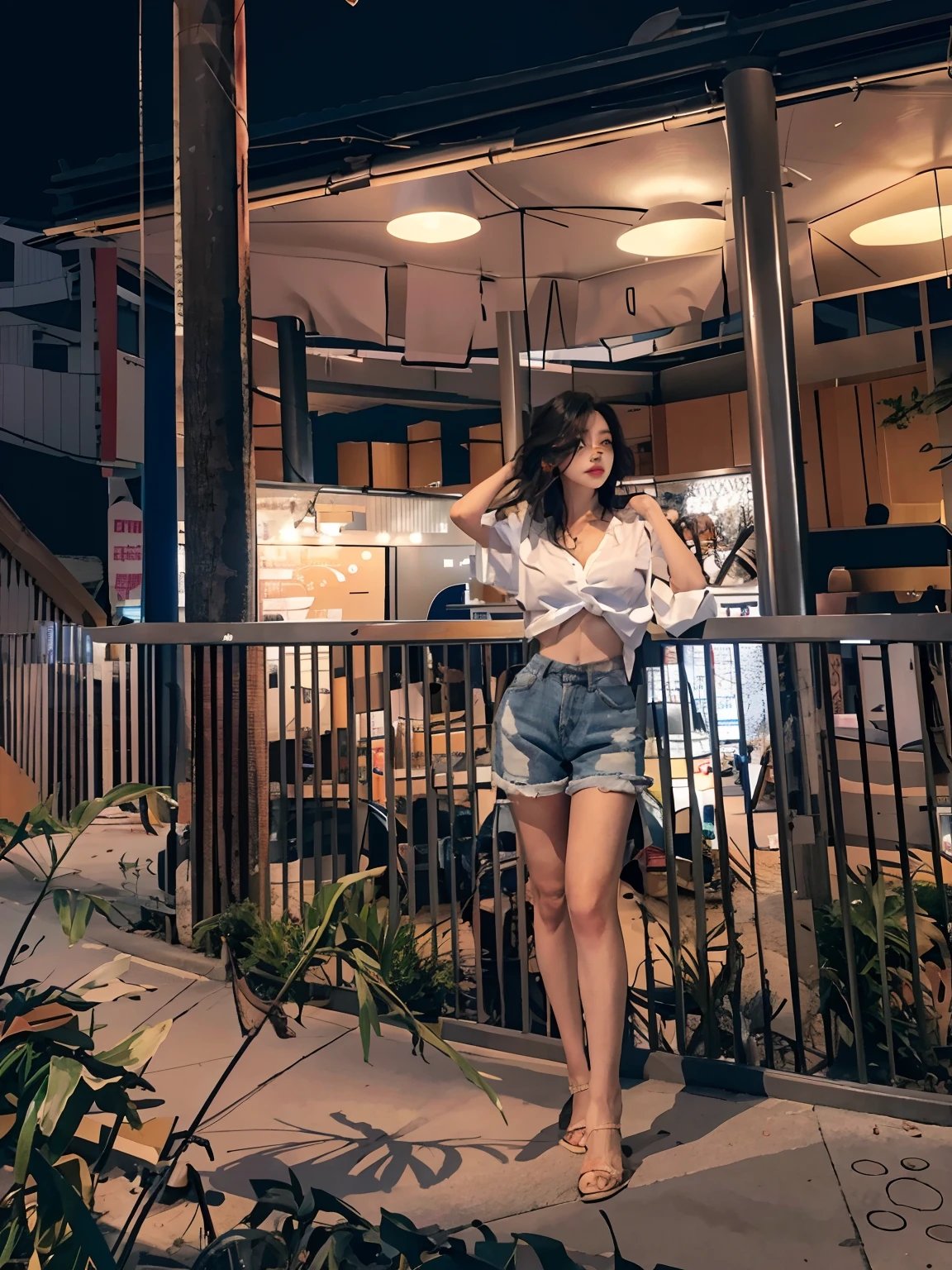 21 year old Indonesian woman in long white shirt with buttons unbuttoned black underwear, jeans shorts, white shoes standing inside Starbucks cafe at night. realistic image, 4K HDR quality, DSLR bokeh effect