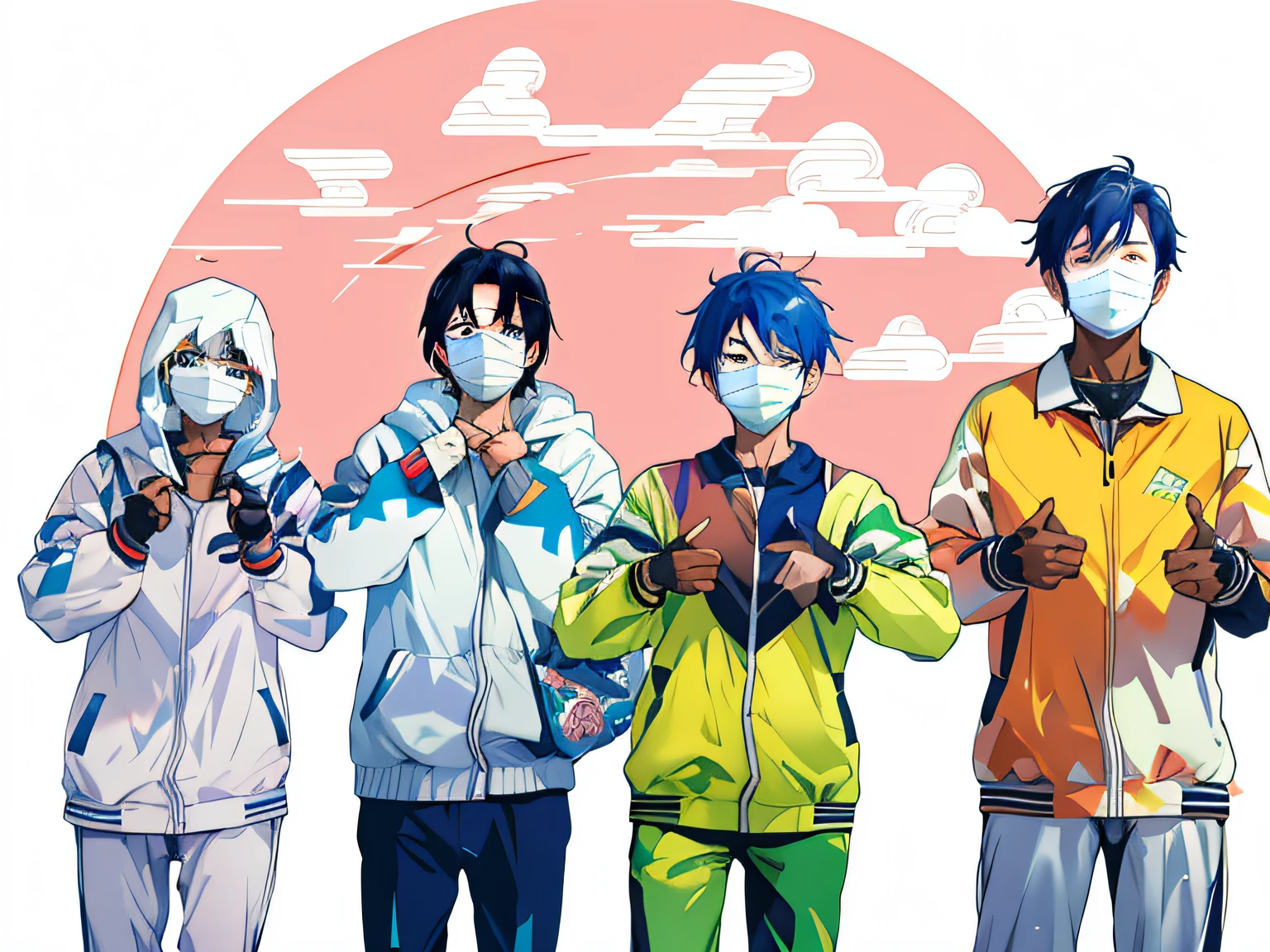 Three masked men stood side by side, 2022 anime style, 2 0 2 2 anime style, In anime style, in style of kyoto animation, wearing track and field suit, sankakucomplex anime image, anime style only, people are wearing masks, An anime cover, in an anime style, 2 0 2 0 s promotional art