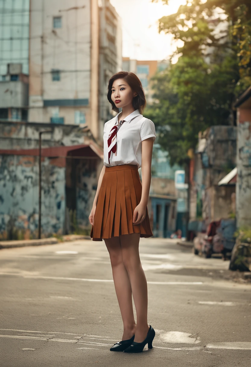 schoolgirls,30 age old,Urban white-collar workers,White top,brown skirt,Full body photo