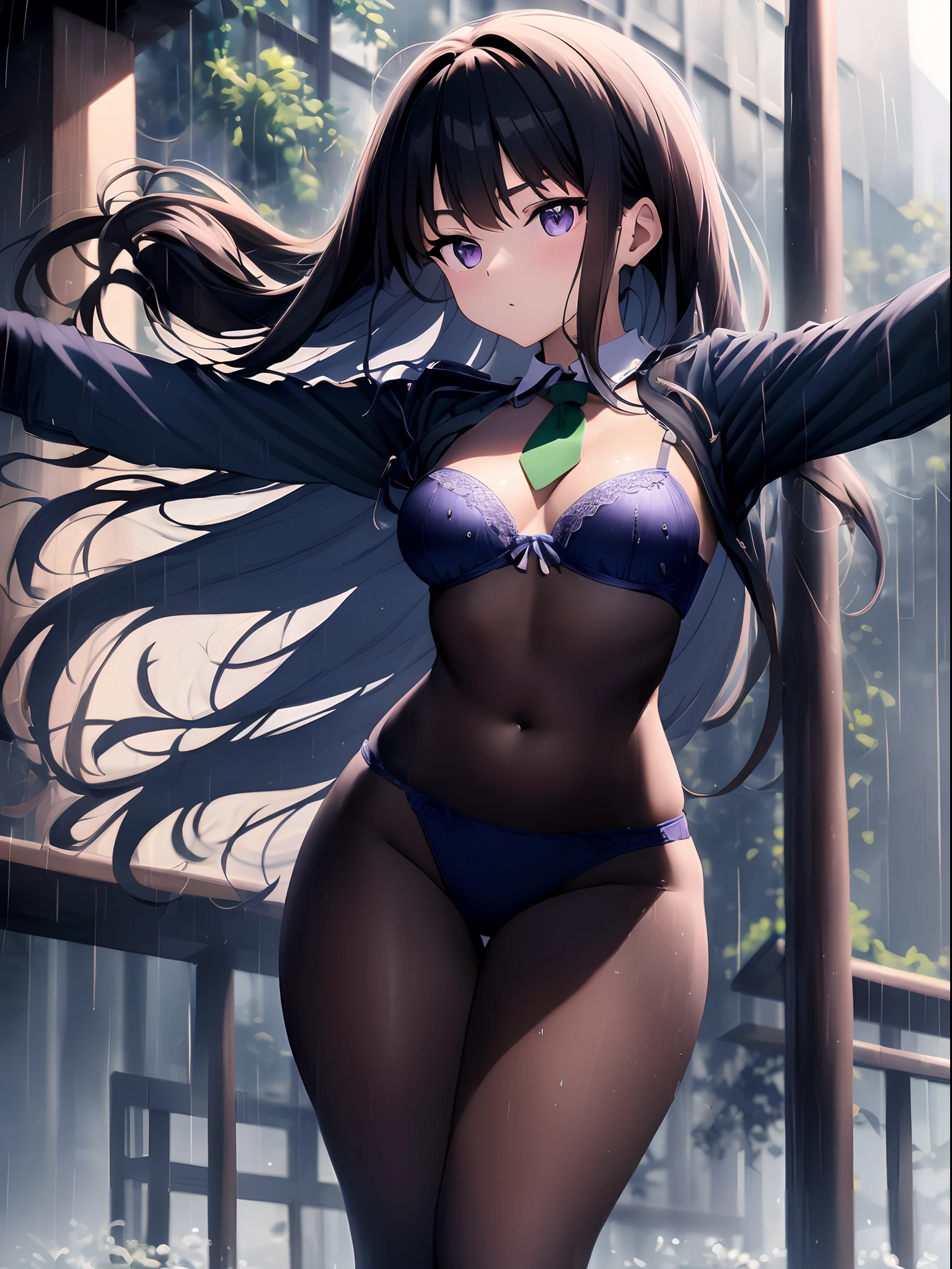 (R Solo:1.3)、(masterpiece)、((best qualtiy))、((ultra-detailliert))、(a high chroma)、(CG Illustration)、highcontrast、low angles、red blush、(Licory Recoil:1.3)、((Takina Inoue))、(Green Tie Ribbon)、White bra、White panties、(Thick black tights)、(Purple anime-style eyes)、Delicate beautiful face、((teats)) 、(B cup breasts)、The best lighting、((turned around))、(Doing Tai Chi in the rainy park)