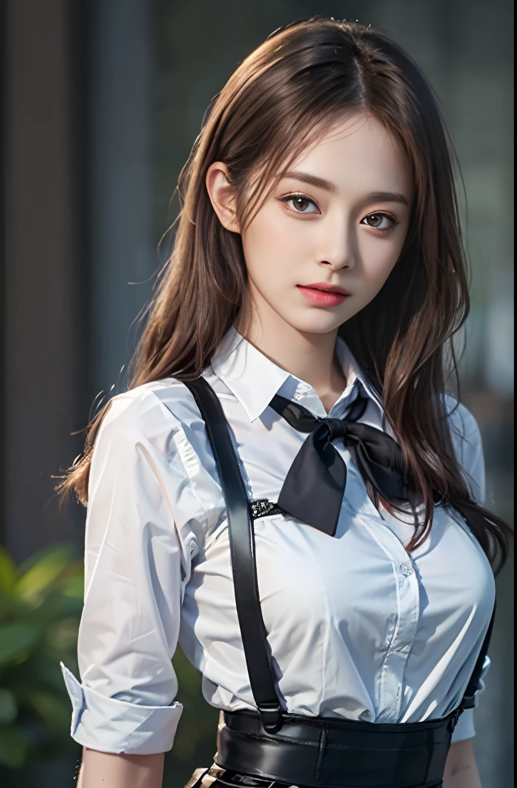 best quality, masterpiece, 1 girl, beautiful face, (photo photo:1.3), edge lighting, (high detail skin:1.2), 8k ultra hd, dslr camera, high quality, high resolution, 4k, 8k, bokeh, ridiculous, best ratio four fingers and one thumb, (realistic:1.3), cute 1girl, wearing black suspenders, medium breasts, short skirt,
