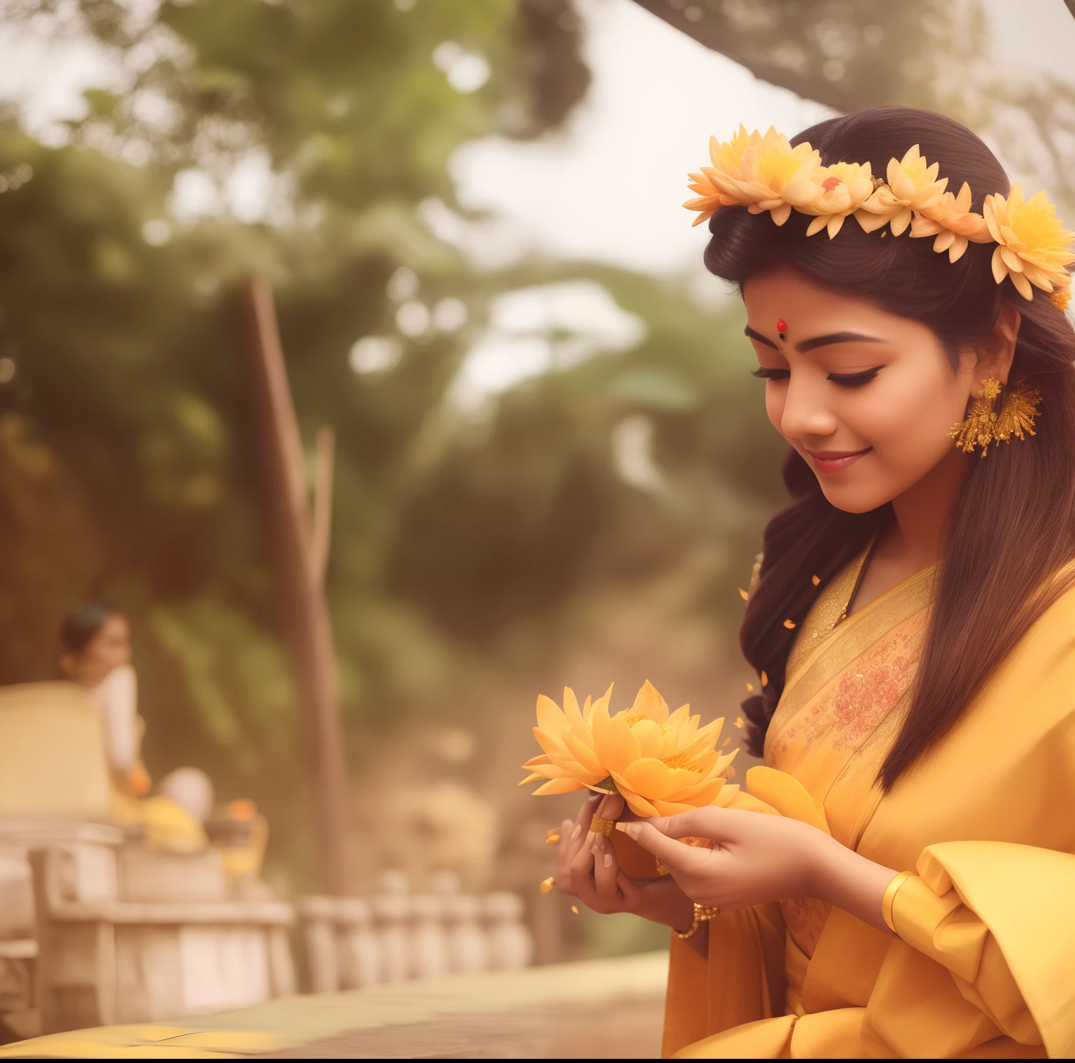 there is a woman in a yellow dress holding a flower, assamese aesthetic, lotus floral crown girl, traditional beauty, wearing bihu dress mekhela sador, candid photography, candid picture, traditional, with yellow cloths, traditional photography, hindu aesthetic, photo taken with canon 5d, traditional dress, orange yellow ethereal, beautiful image, fanart