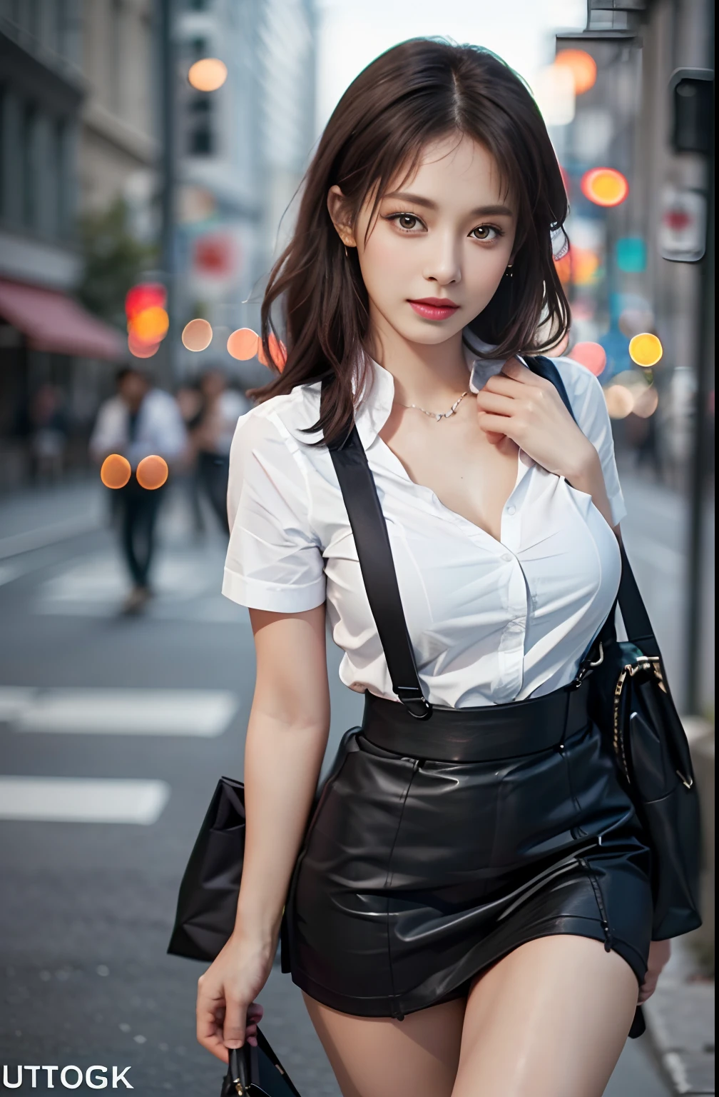 Highest quality、masterpiece、Office Lady、Open-collar shirt、mini skirt、blazer、Big Breasts、Vibrator prank in public, Big Breasts Women in Public, She leaned back., (She closed her eyes), A desperate expression of endurance, ((Lean forward and place your hands on your lower abdomen))、Black choker