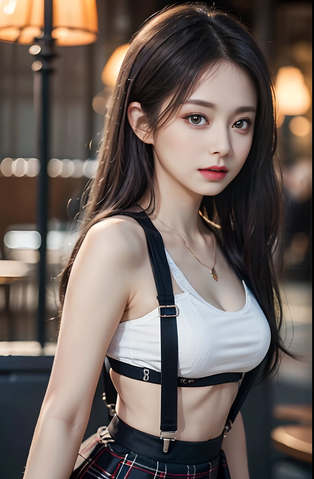 best quality, masterpiece, 1 girl, beautiful face, (photo photo:1.3), edge lighting, (high detail skin:1.2), 8k ultra hd, dslr camera, high quality, high resolution, 4k, 8k, bokeh, ridiculous, best ratio four fingers and one thumb, (realistic:1.3), cute 1girl, wearing black suspenders, medium breasts, short skirt,