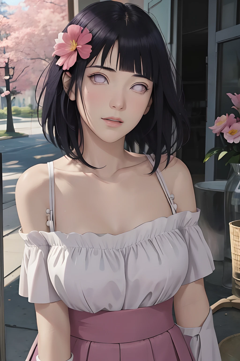 masterpiece, absurdres, hinata\(boruto\), 1girl, solo,mature female, off-shoulder strap bra, high waist short skirt, looking at viewer, (falling petals), perfect composition, detailed lips, big breast, beautiful face, body propotion, blush, (pink lips), long hair, purple eyes, soft gaze, super realistic, detailed, photoshoot, realistic face and body,