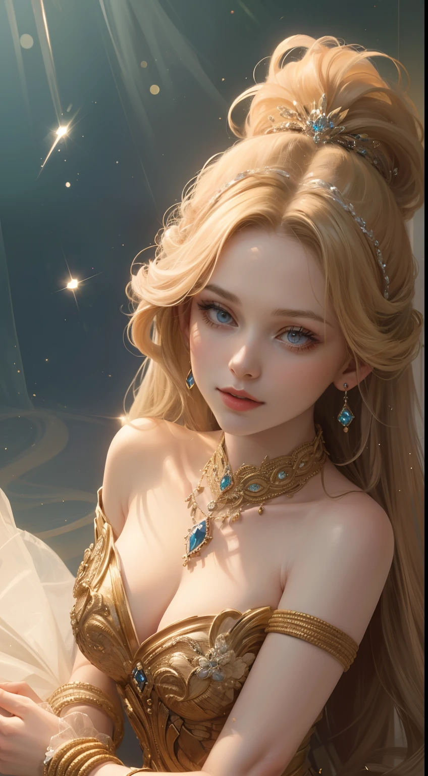 (Ultra-high quality masterpiece,Beautiful bust of an 18-year-old noble girl,Classical coiled hair,Hair pocket,The eyes are shiny and clear,Floral craftsmanship,crystal、Diamond jewelry,Ultra-fine details,Soft lighting)