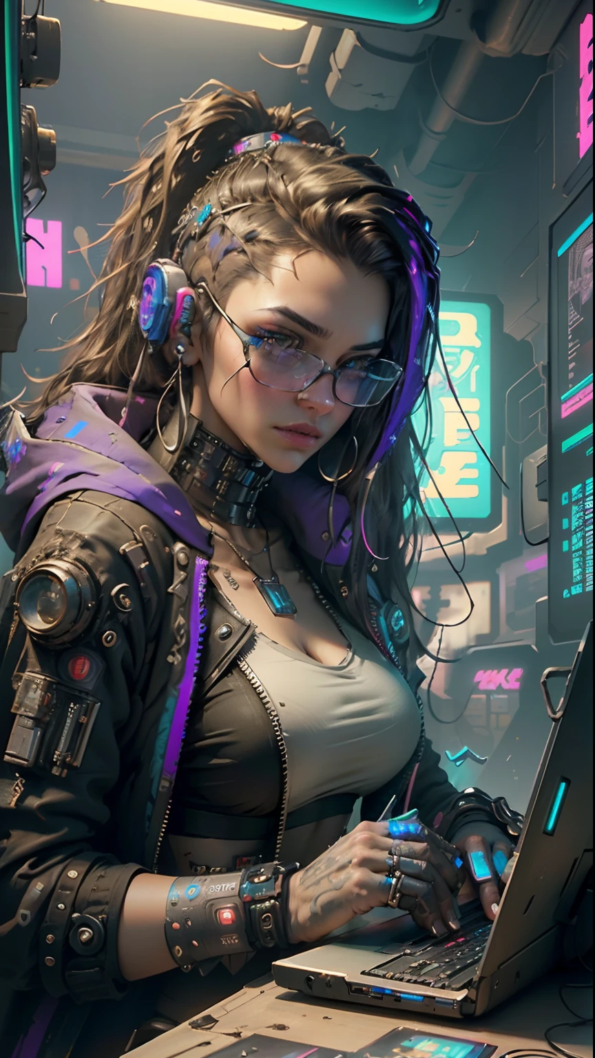 ((Best quality)), ((masterpiece)), (highly detailed:1.3), 3D, beautiful (cyberpunk:1.3) hacker woman with thick voluminous hair operating a computer terminal