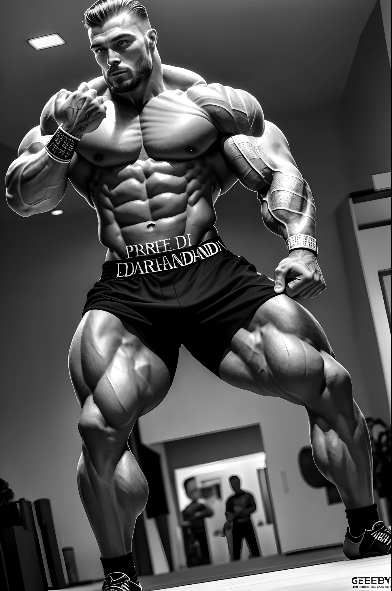 (16k, foto RAW, melhor qualidade, obra-prima: 1.2), ultra-detalhado, arte formal, foto realismo: 1.37, foto do corpo inteiro, (homem, beleza ,( Chris Bumstead)film grain, Boxer action pose ((Creed))detalhes
