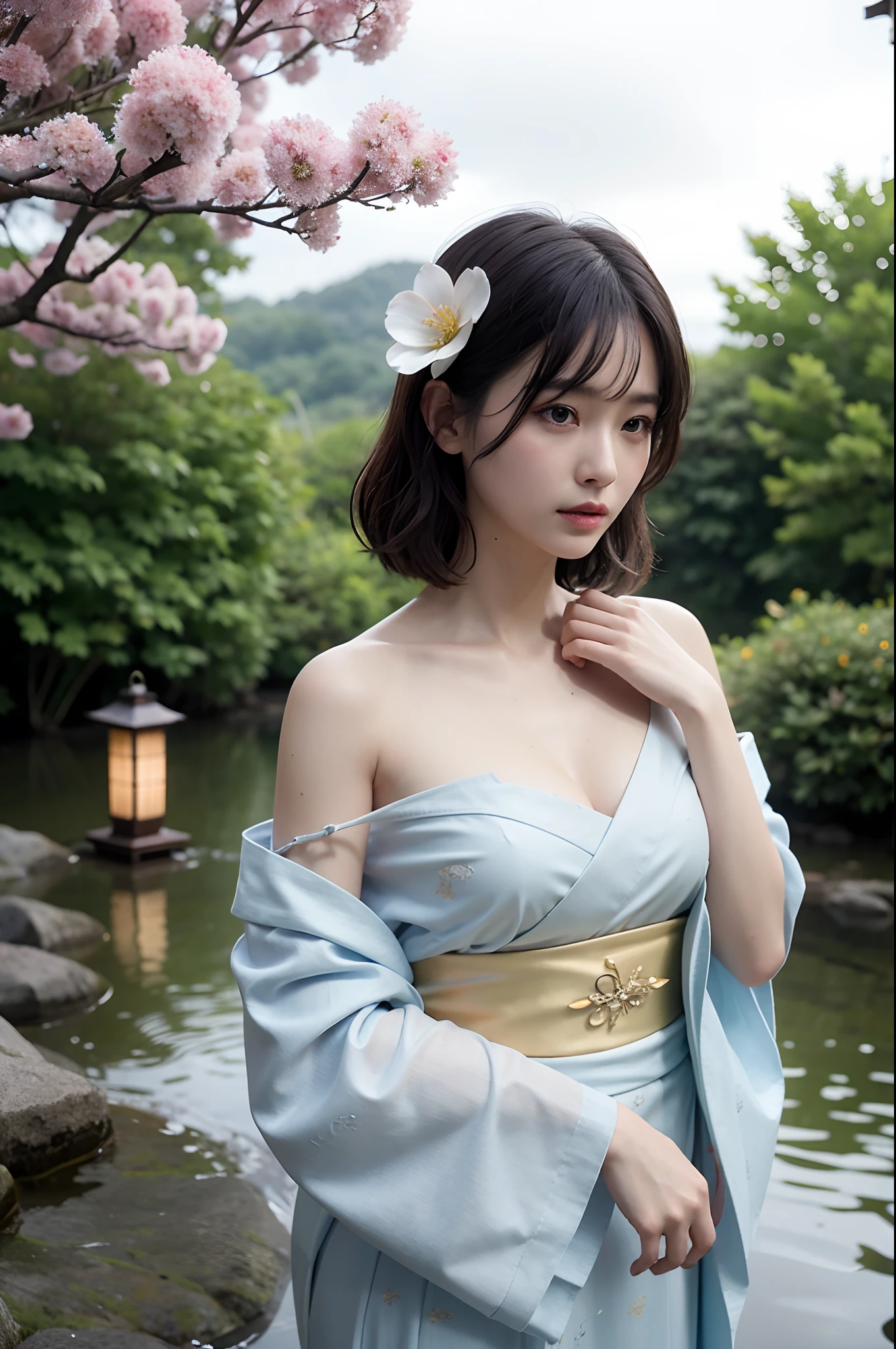 1girl, breasts, moon, lantern, night, solo, large breasts, hair ornament, wet, kimono, japanese clothes, wading, water, hair flower, flower, outdoors, sky, full moon, rain, black hair, off shoulder, mountain, cloud, holding, sash, bare shoulders, paper lantern, standing, white kimono, night sky, sideboob, obi, wet clothes, bangs, tree, from side, reflection, short hair, cloudy sky, wet hair (((masterpiece),(extremely detailed CG unity 8k wallpaper),best quality,,solo,1girl,cinematic lighting,detailed background,beautiful detailed eyes,bright pupils, (an extremely delicate and beautiful),(Beautiful and detailed eye description)， ultra-detailed,masterpiece,)),