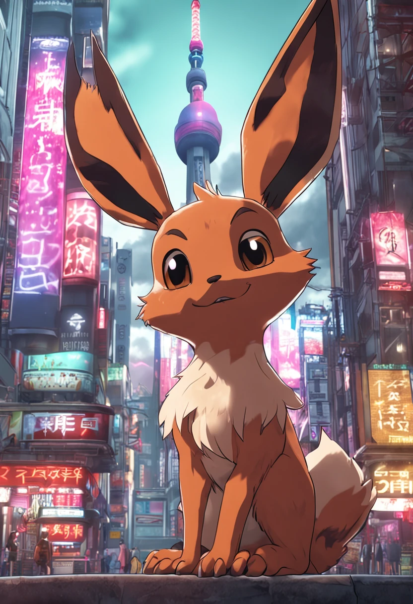 Photo of Eevee and its evolutionary groups posing with Tokyo Tower in the background