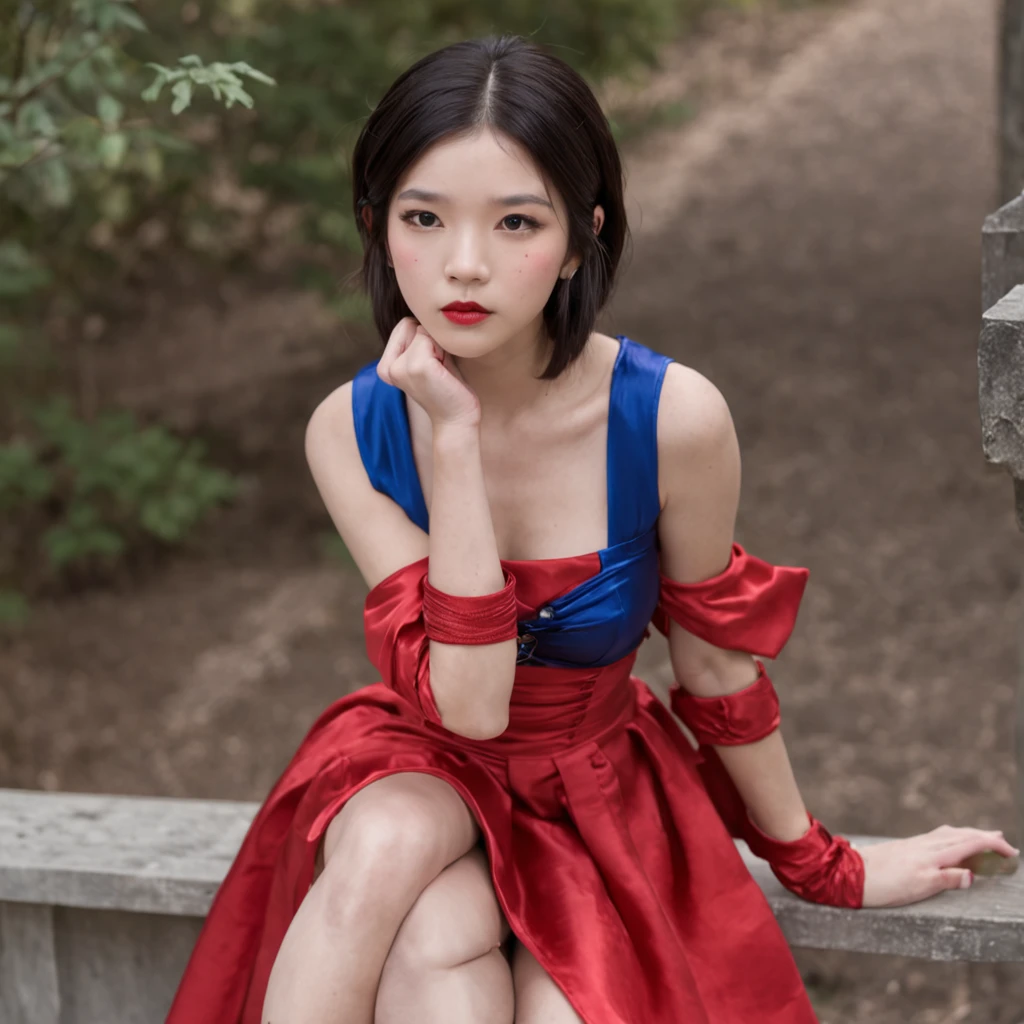 Beautiful Japanese 14 year old teenage girl, wearing snow white cosplay, blue silk corset, red silk cape, yellow silk pleated skater skirt, silk leggings, black bob hair, red hairband,((shiny)) silk elbow gloves, masterpiece, photorealistic, amazingly detailed face, maximum resolution, small breasts, hand on hip, dynamic pose, silk opera gloves, deeply coloured lipstick,big pouting lips, seductive