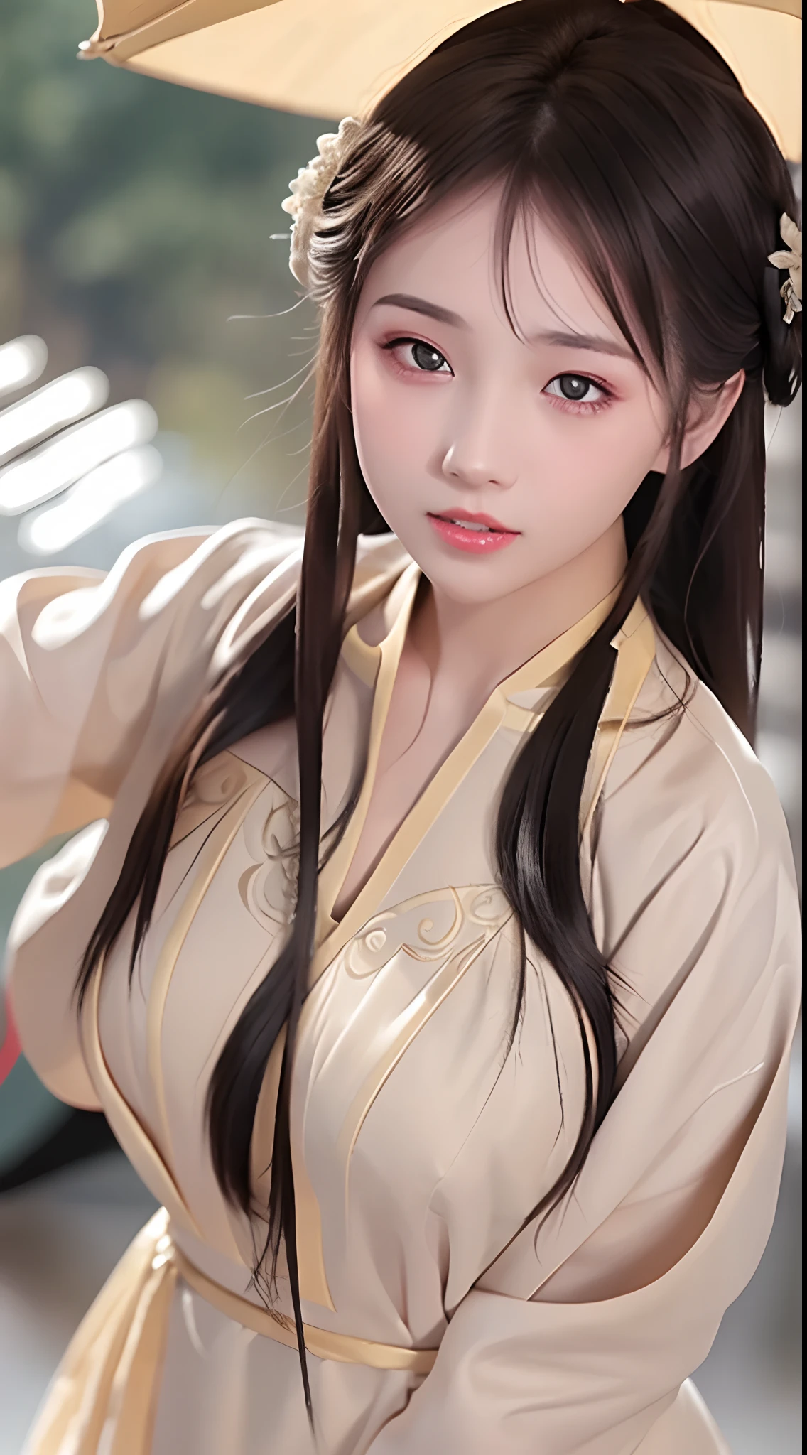 ((Best Quality, 8k, Masterpiece: 1.3)), Focus: 1.2, Perfect Body Beauty: 1.4, Buttocks: 1.2, ((Layered Haircut)), (Wet Clothes: 1.1), (Rain, Street:1.3), (Breasts: 1.2), (Hanfu: 1.2), Bare Shoulders, Bare Legs, Highly Detailed Face and Skin Texture, Fine Eyes, Double Eyelids, Whitened Skin, Long Hair, (Shut Up: 1.5), (Bokeh Background: 1.5), Big Breasts