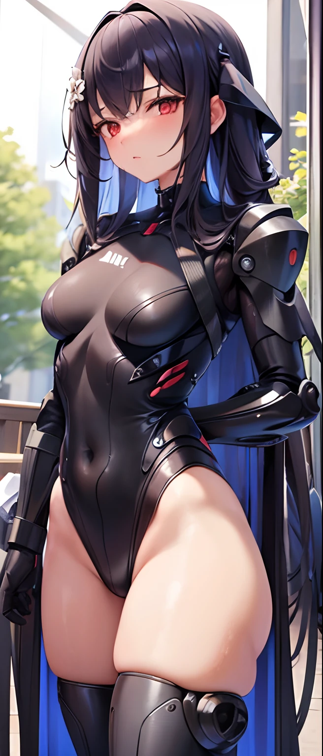 best quality,masterpiece,girl with a powered exoskeleton,standing upright,sf,outdoor,extremely long hair,spreading hair,ivory hair,wet,1 girl,hair strand,Fair skin,blunt bangs,