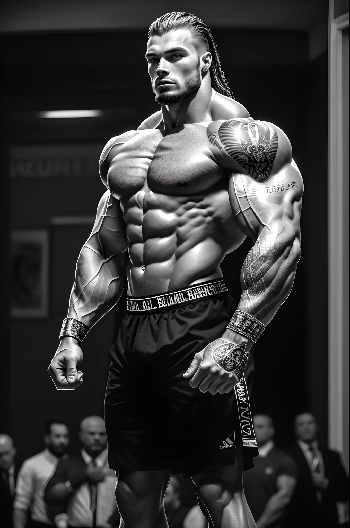 (16k, foto RAW, melhor qualidade, obra-prima: 1.2), ultra-detalhado, arte formal, foto realismo: 1.37, foto do corpo inteiro, (homem, beleza ,( Chris Bumstead)film grain, Boxer action pose ((Creed))detalhes