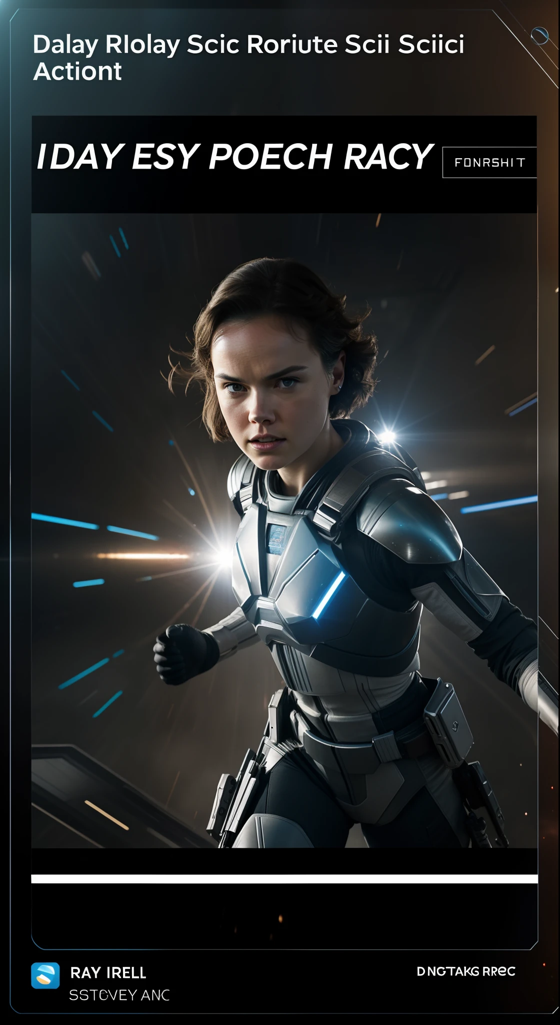 a close up action shot of epic Sci fi Hot Daisy Ridley using energy blue powers , Detailed clothing details, Liquid effect, space, Interstellar battlefield photography, natural light, photorealism, cinematic rendering, ray tracing, the highest quality, the highest detail, Cinematic, Third-Person View, Blur Effect, Long Exposure, 8K, Ultra-HD, Natural Lighting, Moody Lighting, Cinematic Lighting