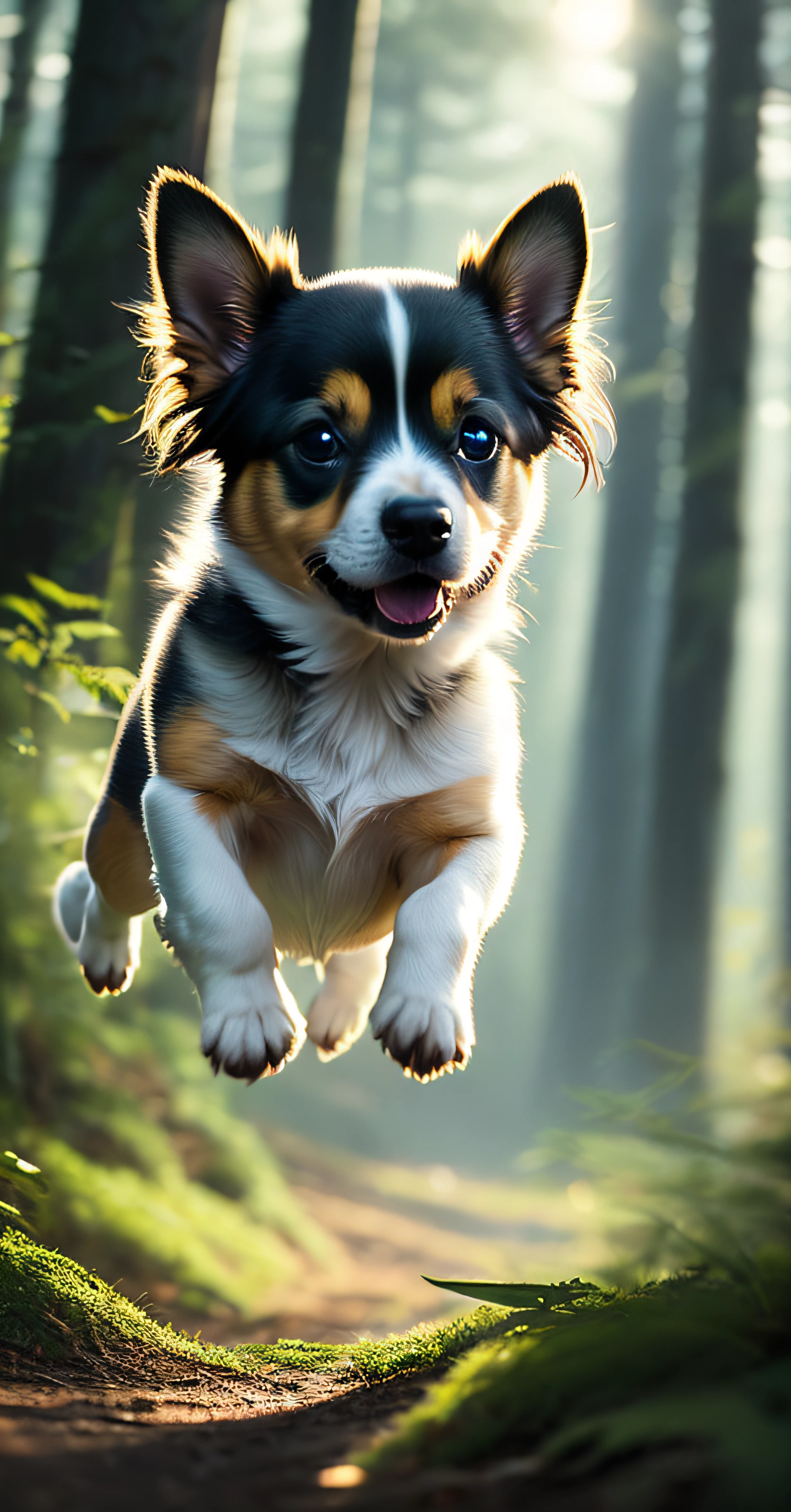 Close-up of a very cute jumping puppy in the forest, soft volumetric light, (backlight: 1.3), (movie: 1.2), intricate details, (ArtStation: 1.3), Rutkowski