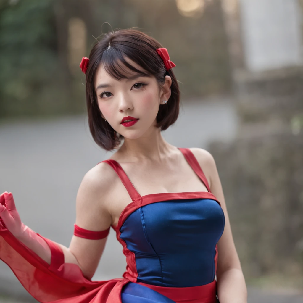 Beautiful Japanese 14 year old teenage girl, wearing snow white cosplay, blue silk corset, red silk cape, yellow silk pleated skater skirt, silk leggings, black bob hair, red hairband,((shiny)) silk elbow gloves, masterpiece, photorealistic, amazingly detailed face, maximum resolution, Large breasts, hand on hip, dynamic pose, silk opera gloves, deeply coloured lipstick,big pouting lips, seductive