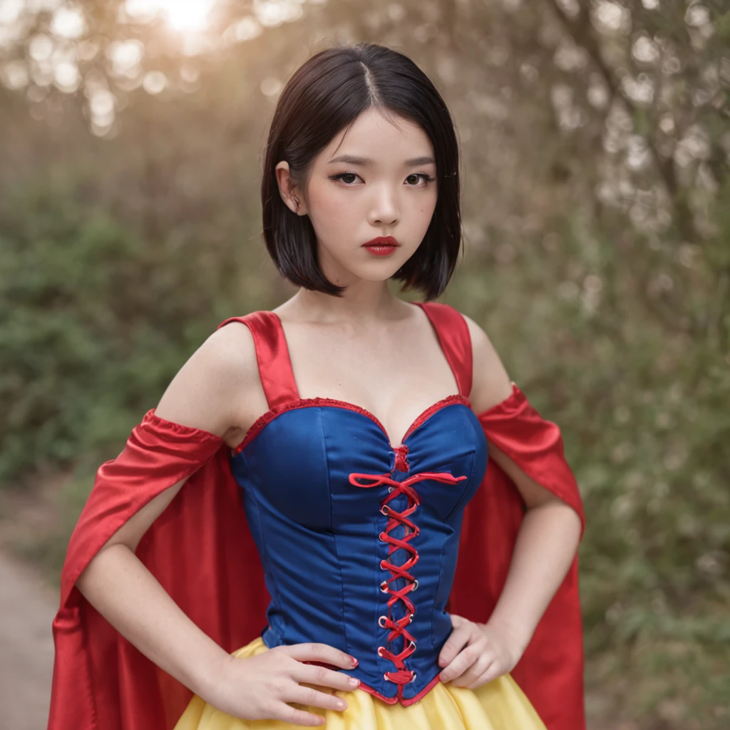 Beautiful Japanese 14 year old teenage girl, wearing snow white cosplay, blue silk corset, red silk cape, yellow silk pleated skater skirt, silk leggings, black bob hair, red hairband,((shiny)) silk elbow gloves, masterpiece, photorealistic, amazingly detailed face, maximum resolution, Large breasts, hand on hip, dynamic pose, silk opera gloves, deeply coloured lipstick,big pouting lips, seductive