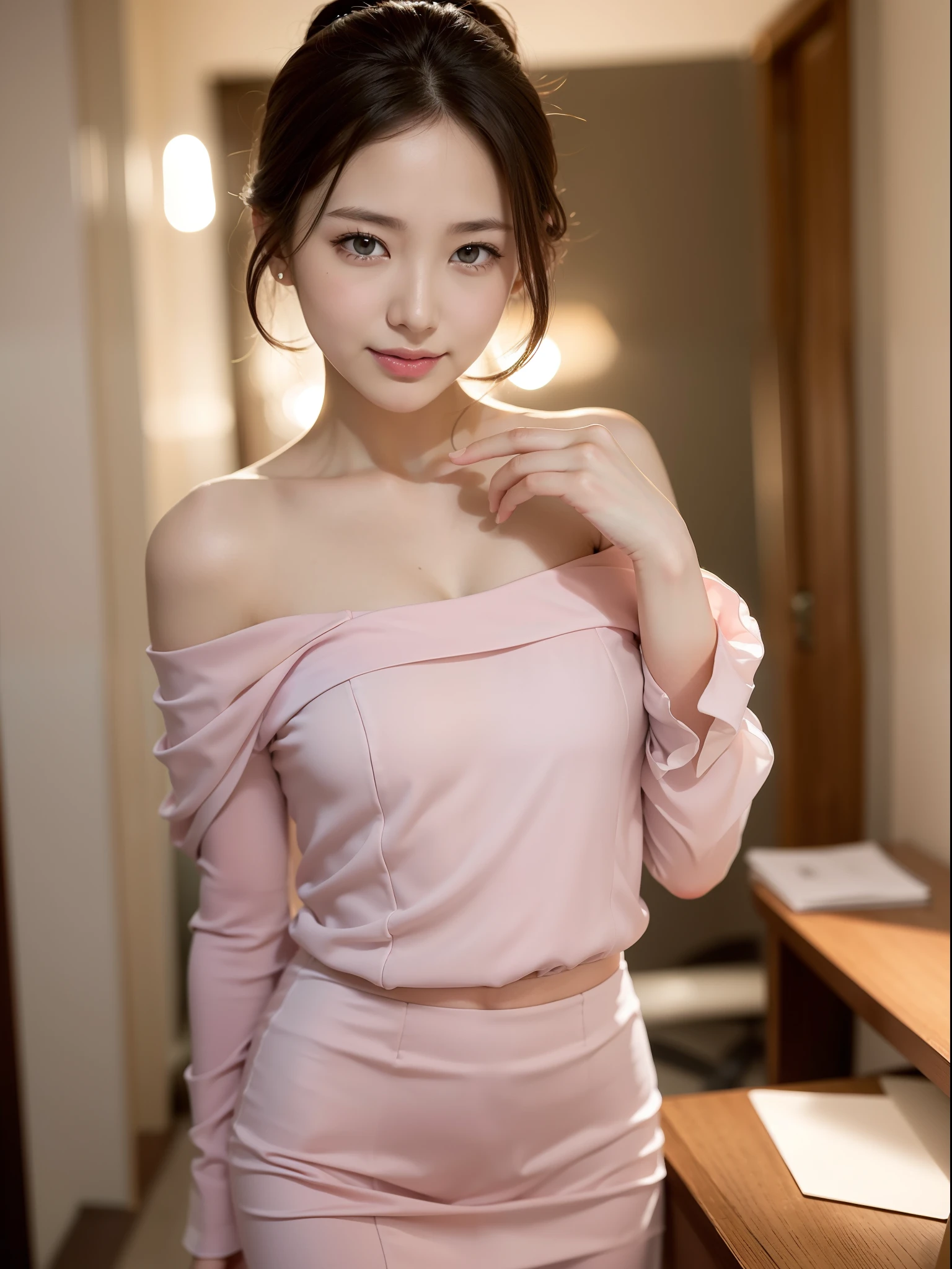 ((of the highest quality, 8K, masutepiece: 1.3, Raw photo)), Sharp Focus: 1.2, (1 AESPA Girl :1.1), Solo, (Realistic, Photorealistic: 1.37), (Face Focus: 1.1), Cute face, hyperdetailed face, night light, short messy hair, or ponytail, small smile, small breast, nude, (business suit like Off-the-shoulder chiffon dress, skirt: 1.3), standing, night office room, from below, flower, dahlia