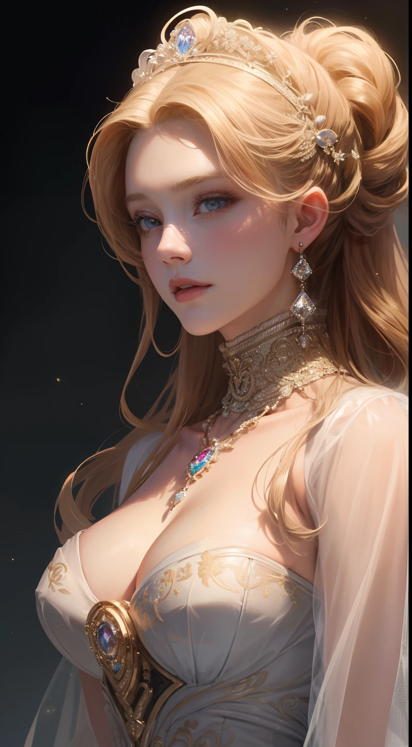 (Ultra-high quality masterpiece,Beautiful bust of an 18-year-old noble girl,Classical coiled hair,Hair pocket,The eyes are shiny and clear,Floral craftsmanship,crystal、Diamond jewelry,Ultra-fine details,Soft lighting)
