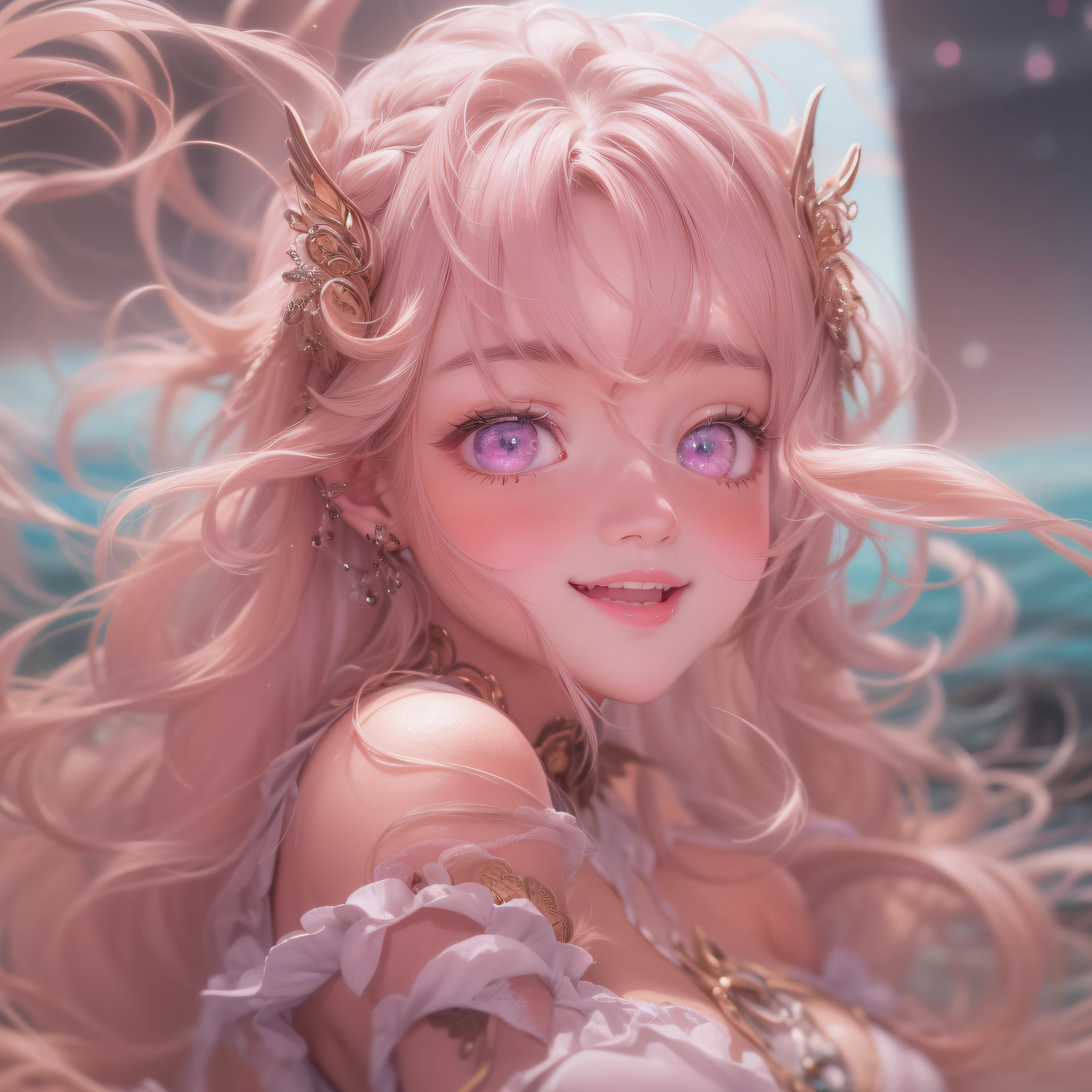 Focus on ∞、Focus on ∞、Focus on ∞、Close up of smiling face with open mouth、Close up of smiling face with open mouth、Close up of smiling face with open mouth、Close up of smiling face with open mouth、Close up of smiling face with open mouth、(masterpiece、realisitic、hight resolution)、(1 girl in):1.2)、Do-Up Eye、Korean Girl、(Best Quality), (masutepiece), (1girl in), Solo, Beautiful Girl, Perfect face, Hands hide, Big Breast,Swimsuit Costumes, Cool pose、dreamlikeart、Highly detailed airbrush art(((Surreal))、intricate detailes、Volumetric lighting、(masterpiece:1.2)、(top-quality)、The ultra-detailliert、(The composition of the movement:1.4)、Highly detailed colorful details、(Irridescent color:1.2)、(Bright lighting、Atmospheric lighting)、dream-like、Magical、dynamic compositions、Ray traching、The mirror reflects light、Shallow depth of field、crazy detail details、ultra-detailliert、mixing exposure、nffsw、Super masterpiece、Her eyes are glowing pink、Hands are hidden、Staring at the pink sea。Her pink face is full of anticipation and courage for adventure.、A smile appears on her pink lips。 At the rear、The sun is slowly tilting to the west。Its light brings pink light to the surface of the sea、The swaying waves create a beautiful scene。Her eyes are clearly glowing pink。Lots of pink