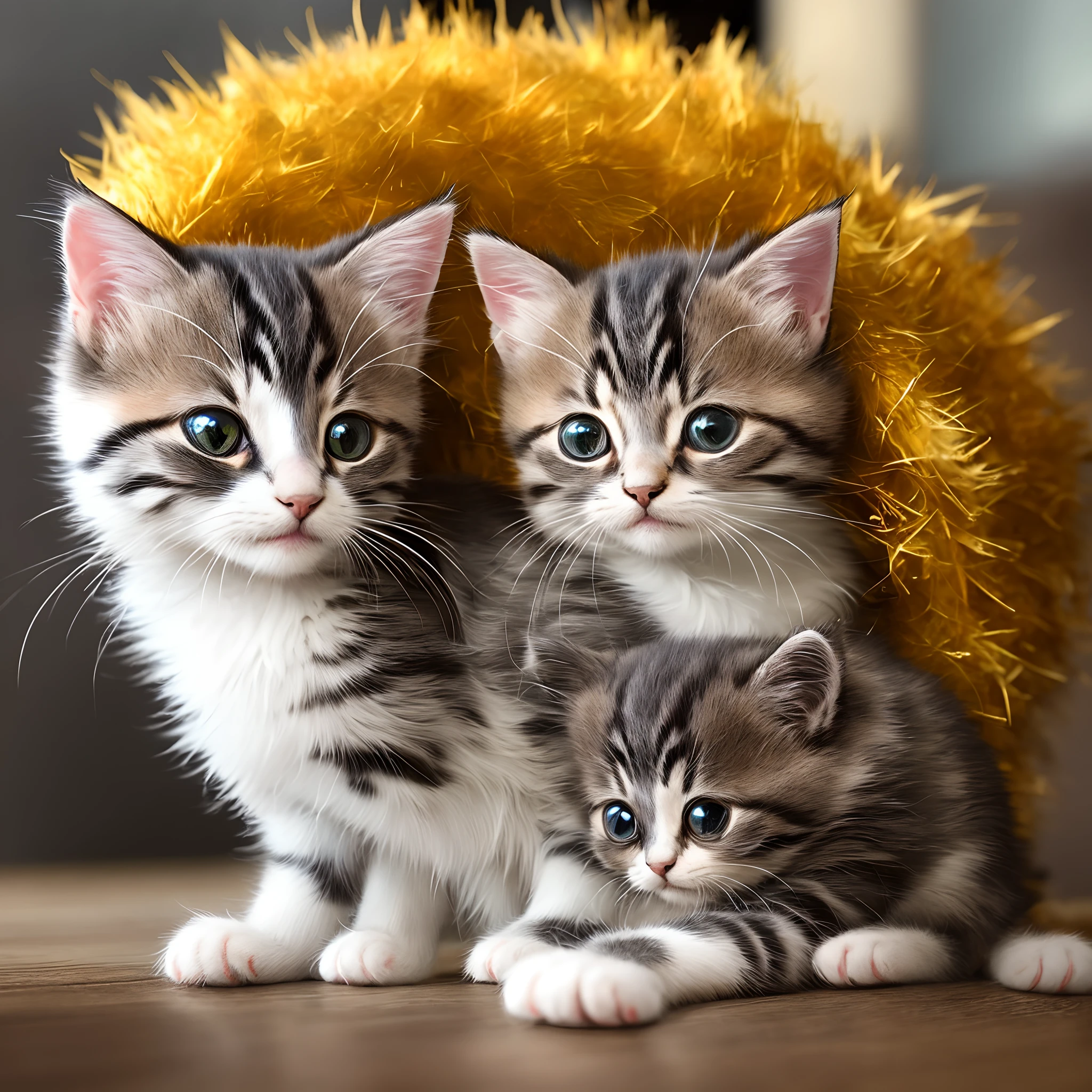 The kitten was covered in golden fur,Sparkling,It looks like it's just rubbed with oil。