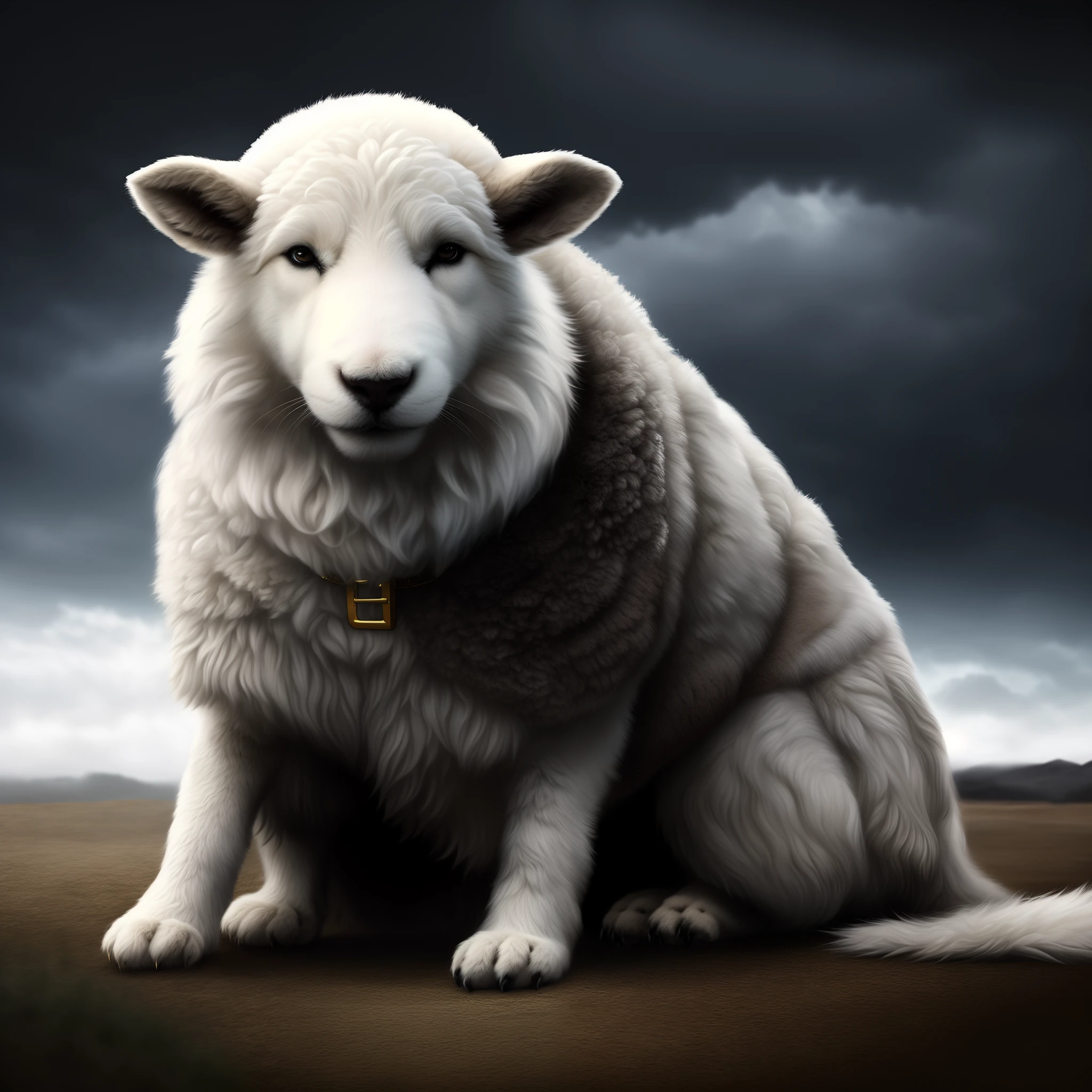 there is a white sheep sitting on the ground with a collar around its neck, dramatic cinematic detailed fur, anthropomorphic dog, dog as a god, highly realistic concept art, digital art animal photo, furry fantasy art, human lamb hybrid, adorable digital painting, furry digital art, rendered illustration, an anthropomorphic wolf, beautiful digital artwork