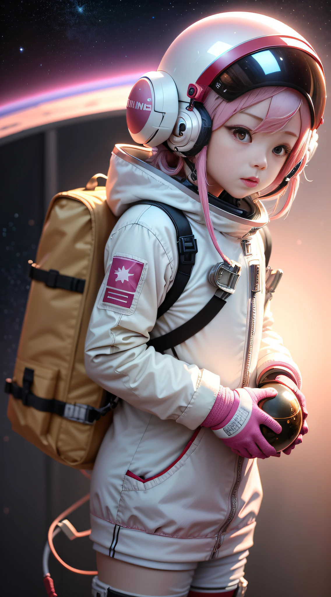 Cinematic light, 超高分辨率, tchibi, 1girll, Solo, Astronaut, Spacesuit, helmet, Space helmet, full bodyesbian, mitts, standing, Pink hair, Masterpiece, Best quality, 8K