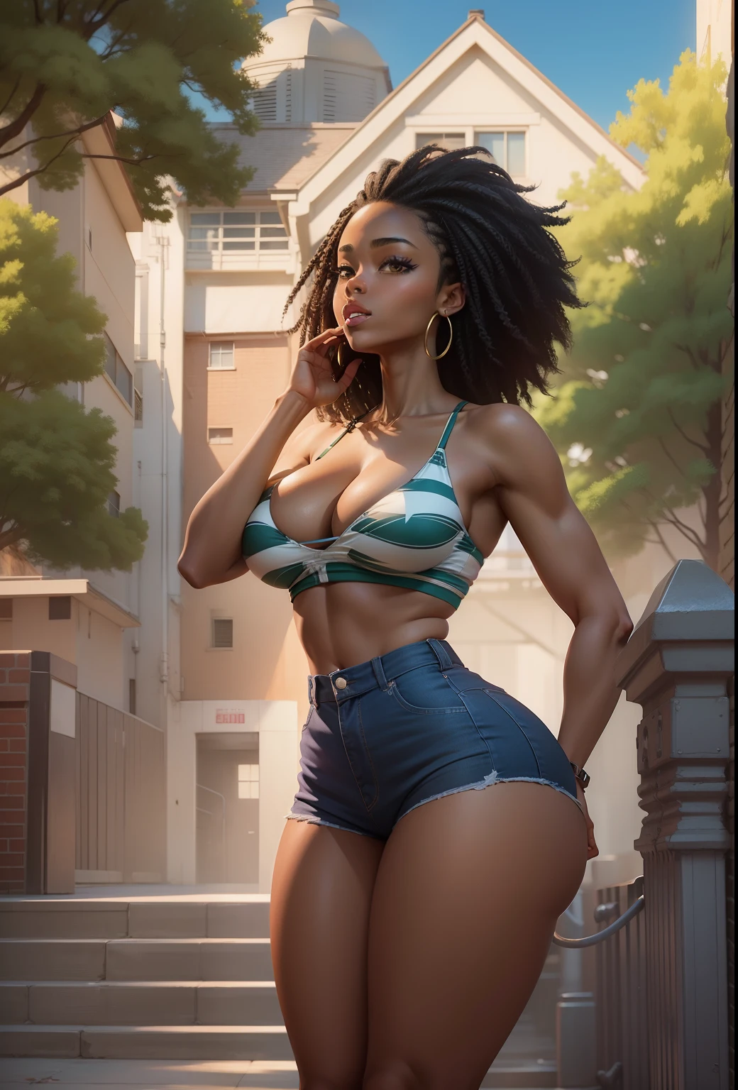 styalized anime art style, african american woman, tight body and big boobs, slim waist, wide hips,