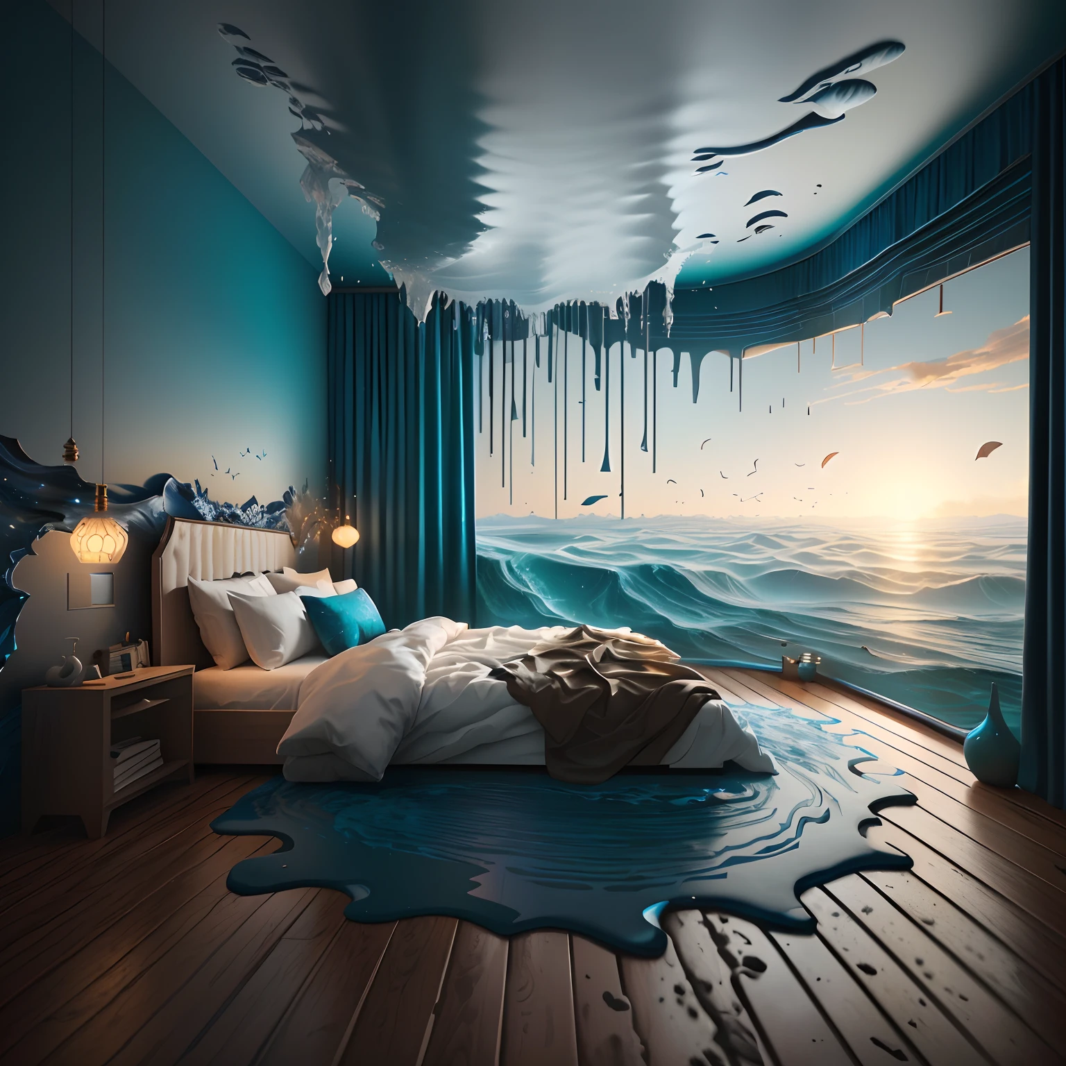 there is a bed with a blue blanket and a white bed cover, surreal 3 d render, inspired by Cyril Rolando, surreal realistic, in style of cyril rolando, surreal design, surreal scene, surreal dreamscape, inside of a bedroom, dark bedroom, realistic fantasy render, dreamlike surrealism, surreal dream landscape, digital art render, surrealism 8k